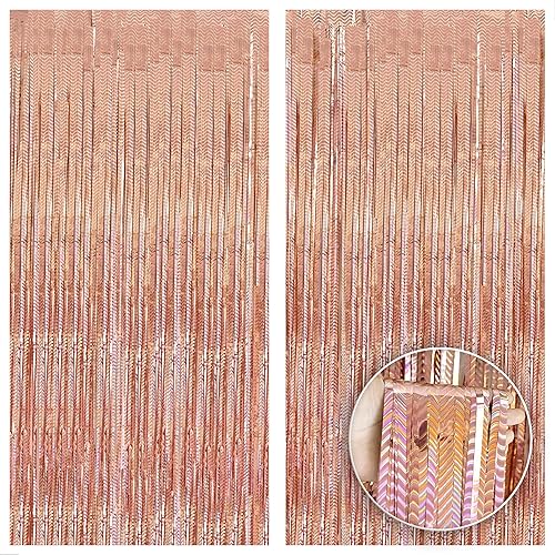 Miniatura 1 de KatchOn, Cortina láser de flecos de oro rosa, extra grande de 3.2 x 8 pies, paquete de 2 | Telón de fondo de oro rosa para decoración de despedida