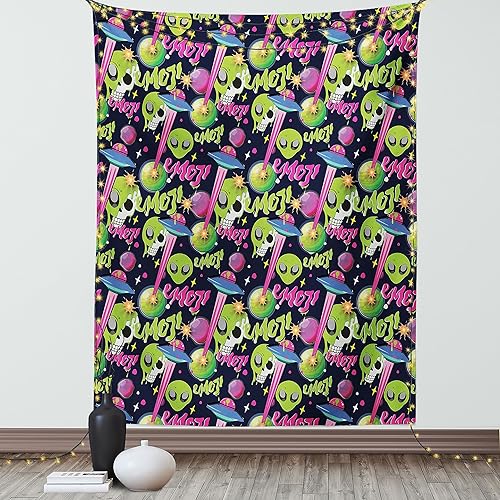 Miniatura 1 de Ambesonne Tapiz de emoji, inspiración de aventura del espacio exterior, diseño de planeta y ovnis de calavera alienígena, colgante de pared para