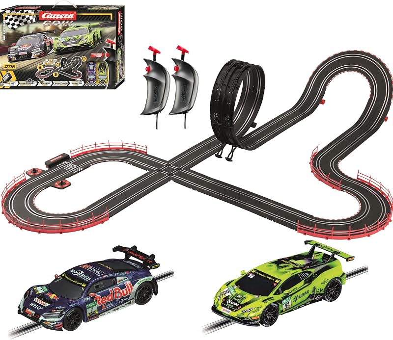 Carrera GO DTM Supercars Juego de pistas de carreras eléctricas para autos tragamonedas (edades 6+) | Juguete de pista de carreras para niños a partir de 6 años. Cuenta con pista de 20.67 pies, circuito, contador de vueltas, autos Audi R8 y Lamborghini Huracan a escala 1:43.