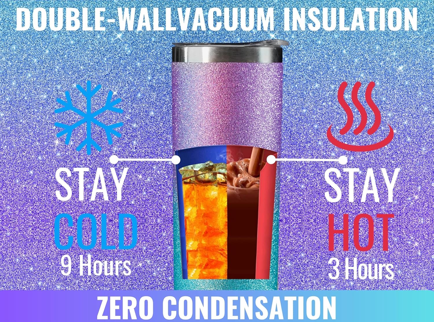 Onebttl Beach Gifts for Women, 20oz Vacuum Insulated Stainless Steel Skinny Travel Mug with Lid for Beach Lovers, Glitter Blue and Purple