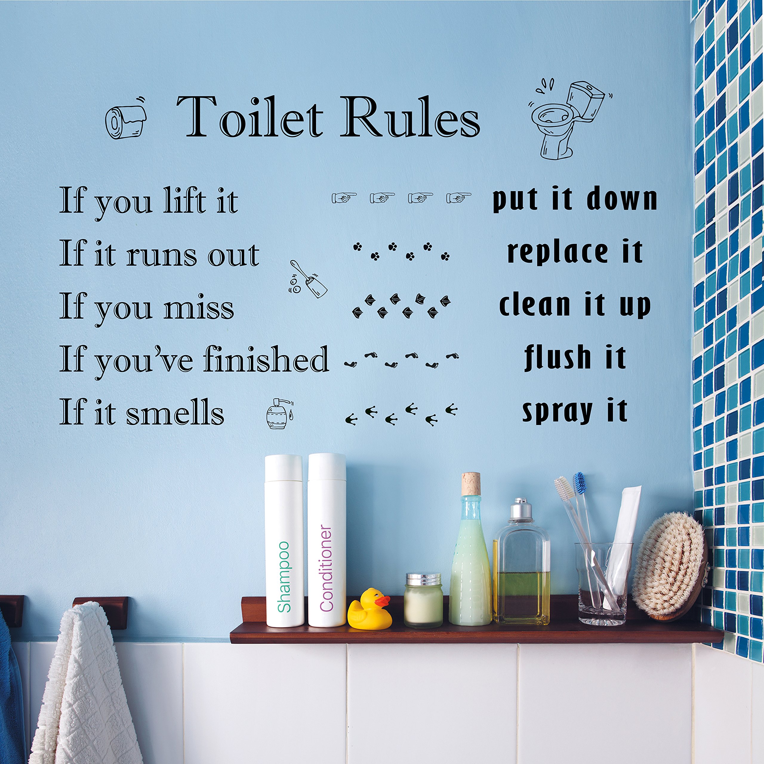 Walplus Toilet Rules English Kitchen Quote Art Mural Wall Stickers Removable Self-Adhesive Mural Art Decals Vinyl Home Decoration Diy Living Bedroom Decor Wallpaper Family Words Gift Stick On Wall