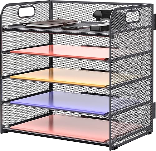 Miniatura 9 de Supeasy Organizador de papel de 5 bandejas bandeja de letras con asa de malla para escritorio organizador de escritorio de clasificación de papel