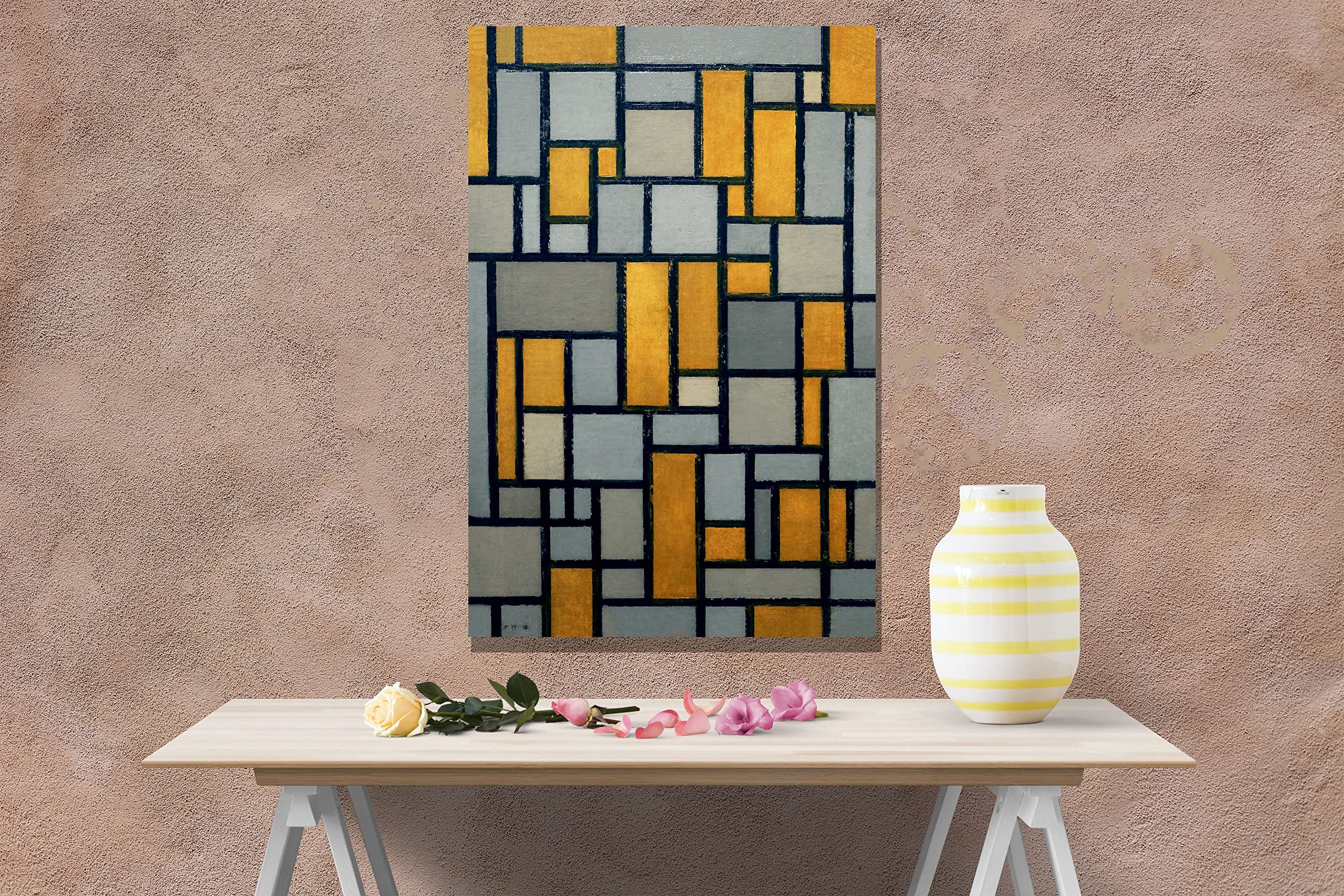 Toile murale encadrée avec grille de composition 1 par Piet Mondrian - Décoration d'intérieur - Grand format - 60 x 86 cm
