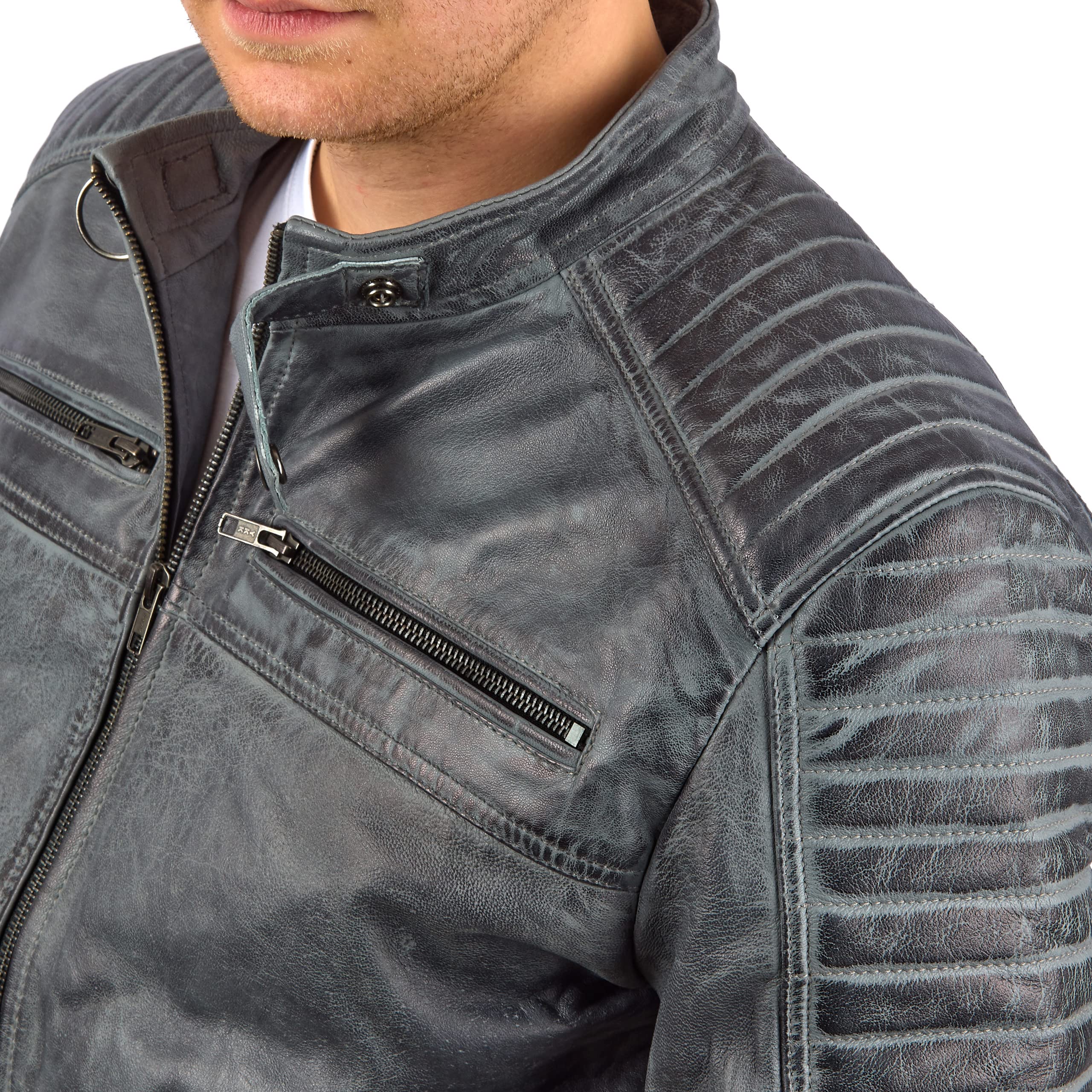 FAPA Chaqueta de piel de manga larga para hombre, elegante chaqueta de motorista, chaqueta de piel para hombre con cuello alto, chaqueta de entretiempo de piel auténtica, disponible en 3 colores