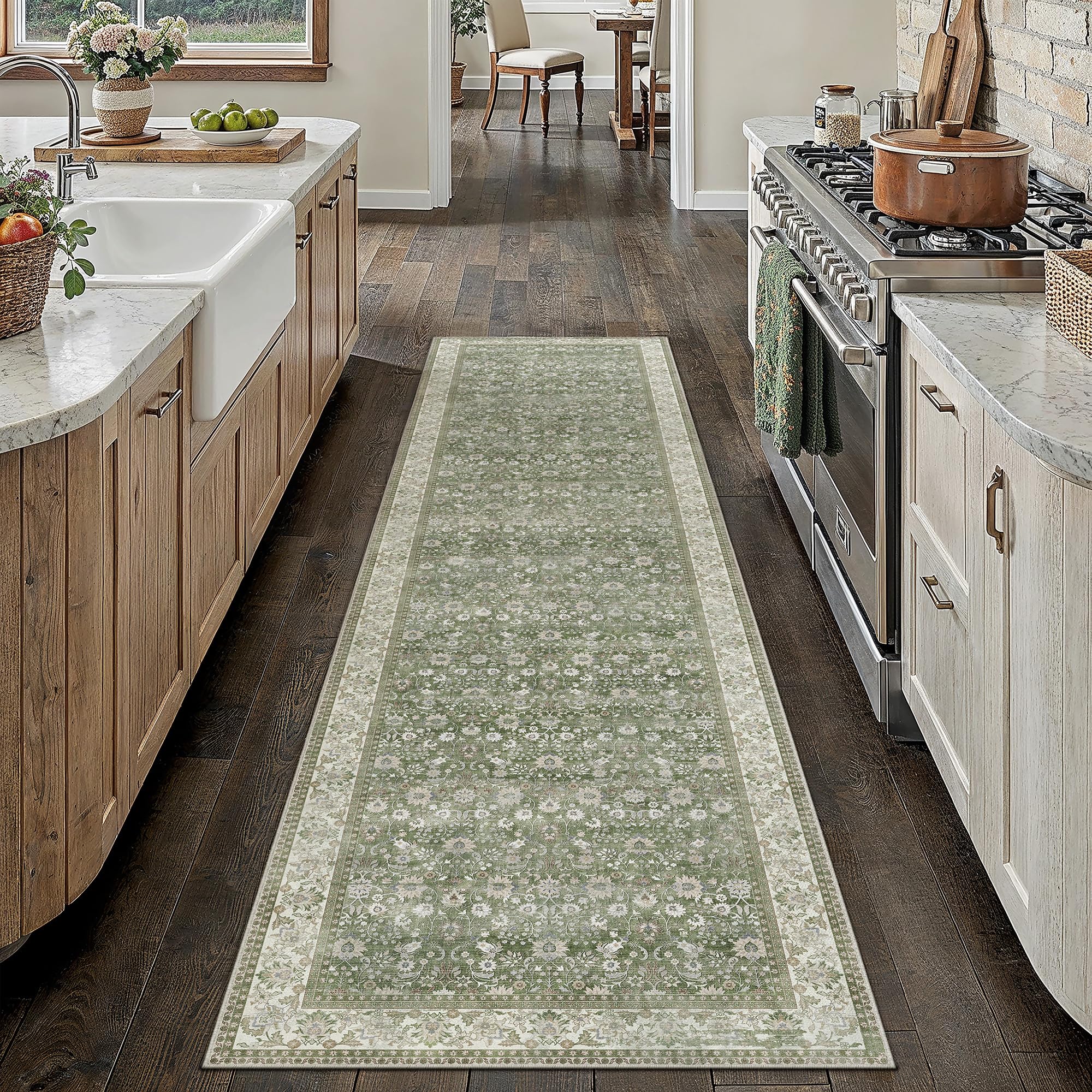 PureCozy Runner Rugs for Hallway, Washable Kitchen Entryway Low Pile Soft Vintage Area Rugs for Bedroom Living Room Office, Non Slip Floor Accent Carpet for Home Deocor, 60x240 cm, Green — image 1