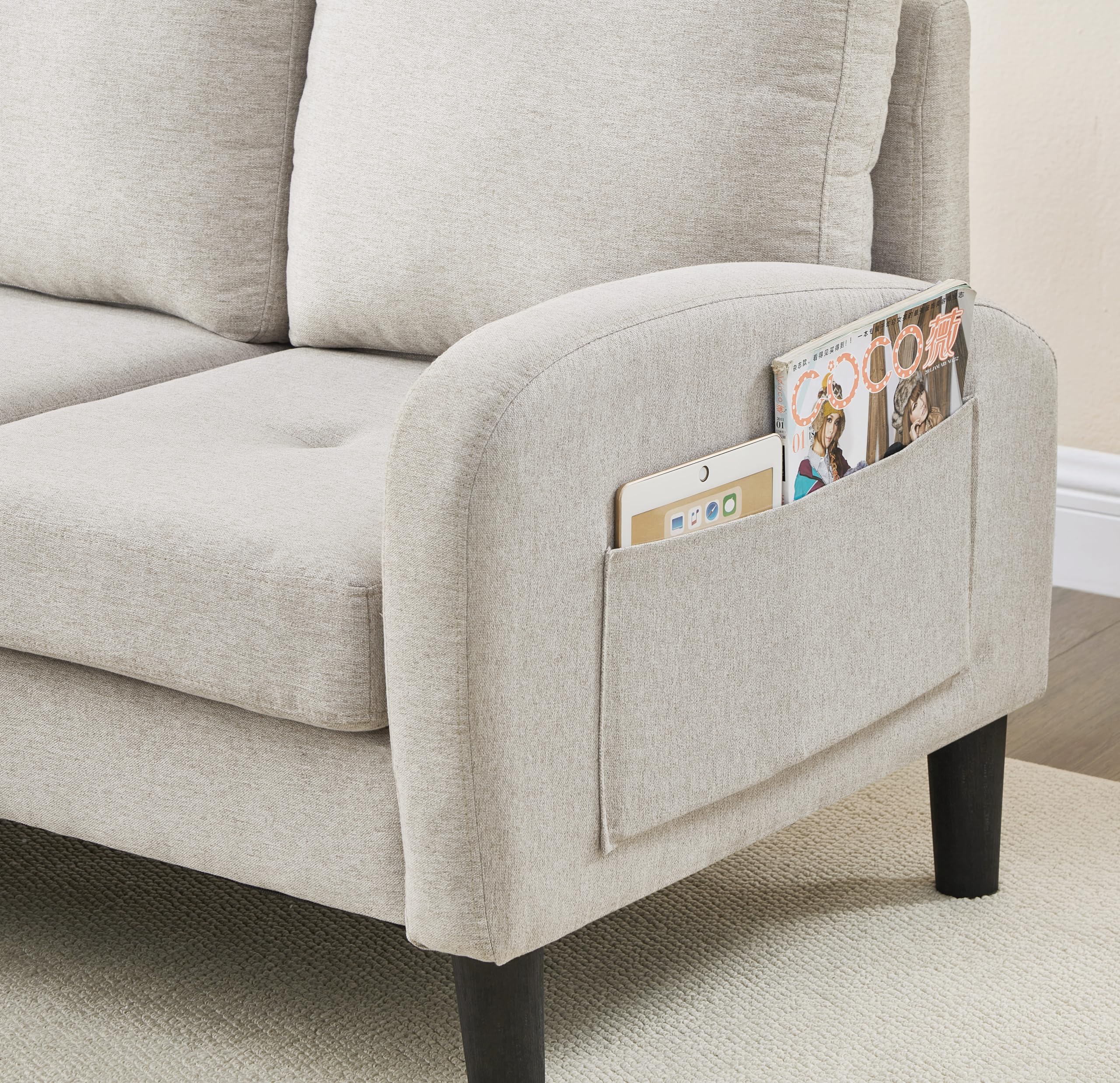 Sofá esquinero con chaise longue, sofá de 3 plazas con patas de plástico, tela de lino de algodón, ideal para salones, apartamentos y oficinas, color beige