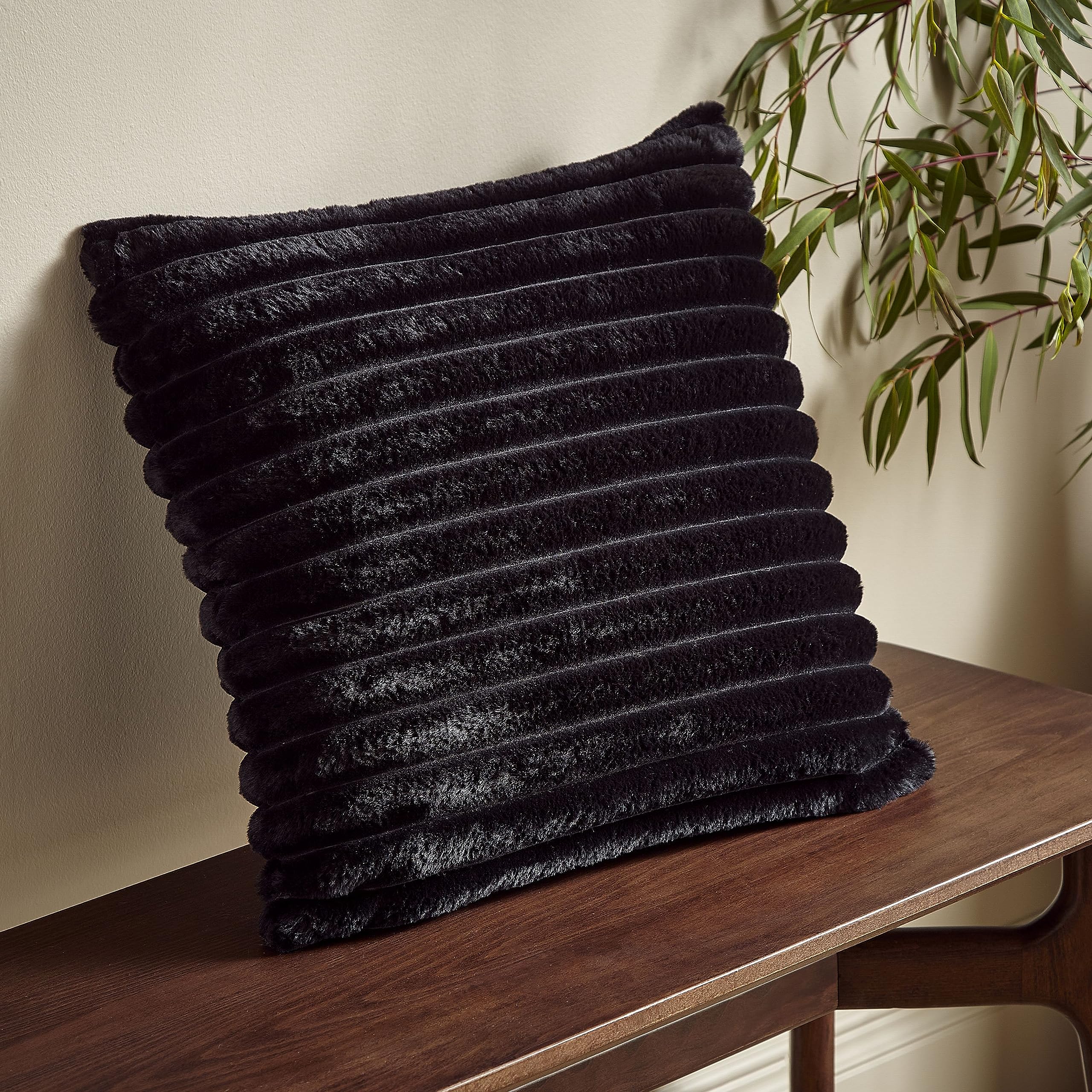 Catherine Lansfield Cosy Ribbed Faux Fur Soft Touch 45x45cm Cushion Black