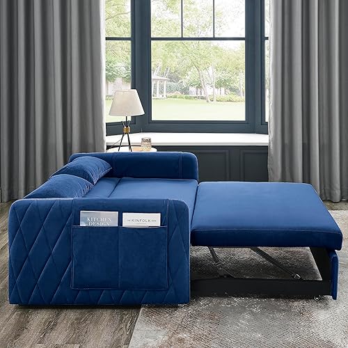 Miniatura 3 de Verfur Sofá cama convertible 3 en 1, moderno sofá biplaza de terciopelo extraíble, sofá pequeño con respaldo reclinable y bolsillos laterales