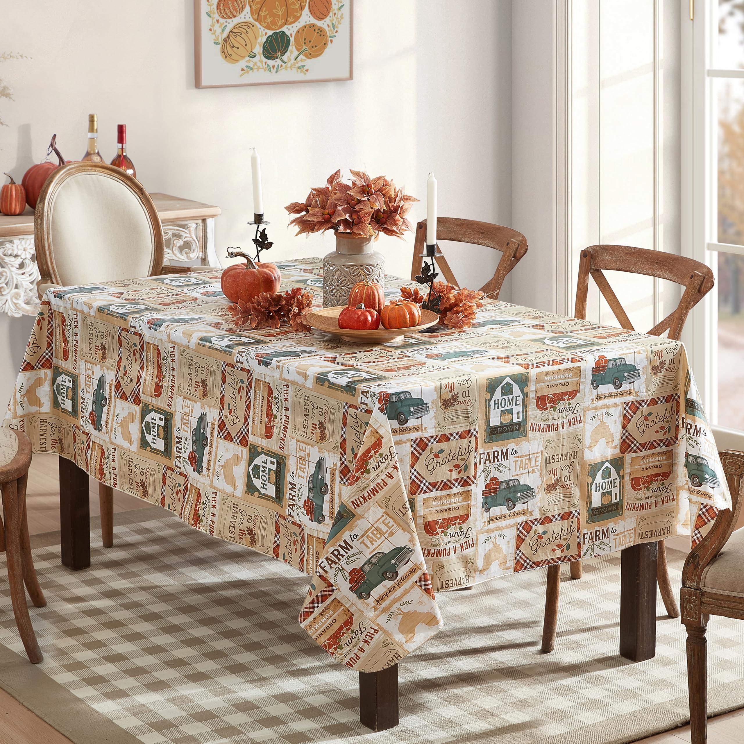 Brookside Farm to Table Country Rustic Patchwork Vinyl Flannel Backed Tablecloth - Teal Farm House Cottage Print Easy Care Vinyl Tablecloth, 60” x 102” Oblong/Rectangle