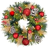 Thick & Timer 16 Inch 40 LED Christmas Wreaths for Front Door Prelit Christmas Wreath with Lights Realistic-Feel Branches Balls Cypress Leafed Berried Pinecones Xmas Wreath Decor for Home Wall Window