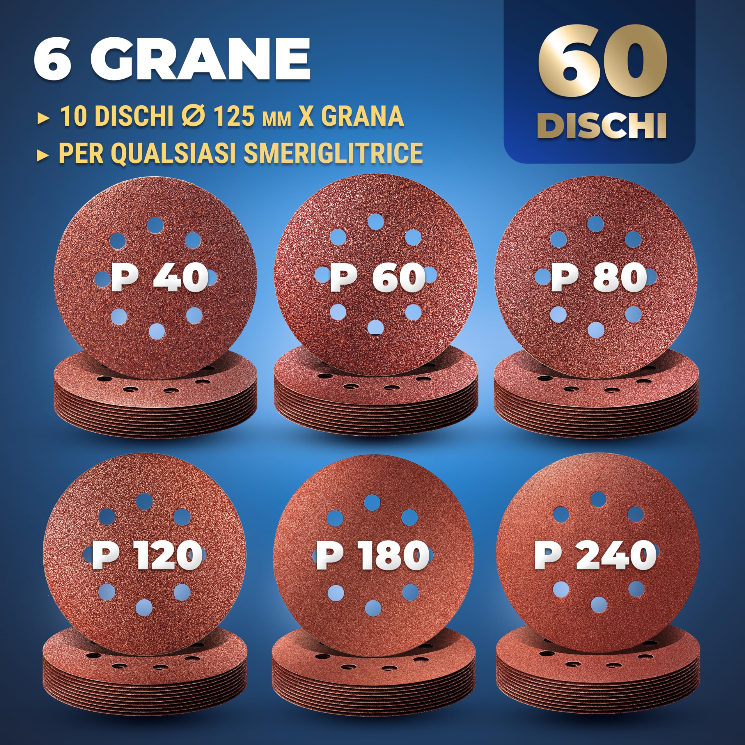 S&R Dischi Abrasivi 125mm Carta Vetrata Levigatrice Fogli Grana 40 60 80 120 180 240. Dischi Abrasivi 8 fori x Levigatrice Rotorbitale Eccentrica di Tutte le Marche.