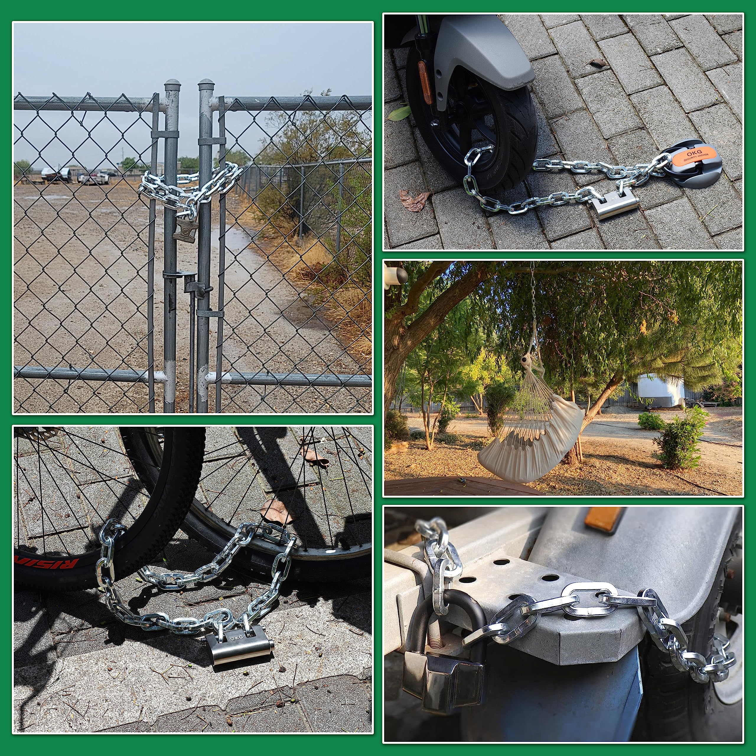OKG Cadena de seguridad resistente, cadena de puerta de 4 libras, 4 pies x 5/16 pulgadas de grosor con eslabones cuadrados antirrobo de acero al manganeso endurecido a prueba de cortes para bicicleta,