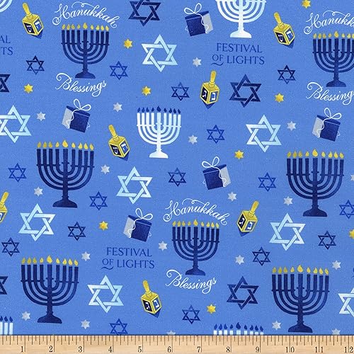 Whistler Studios One of A Kind Hanukkah Blessings Azul, tela por yarda