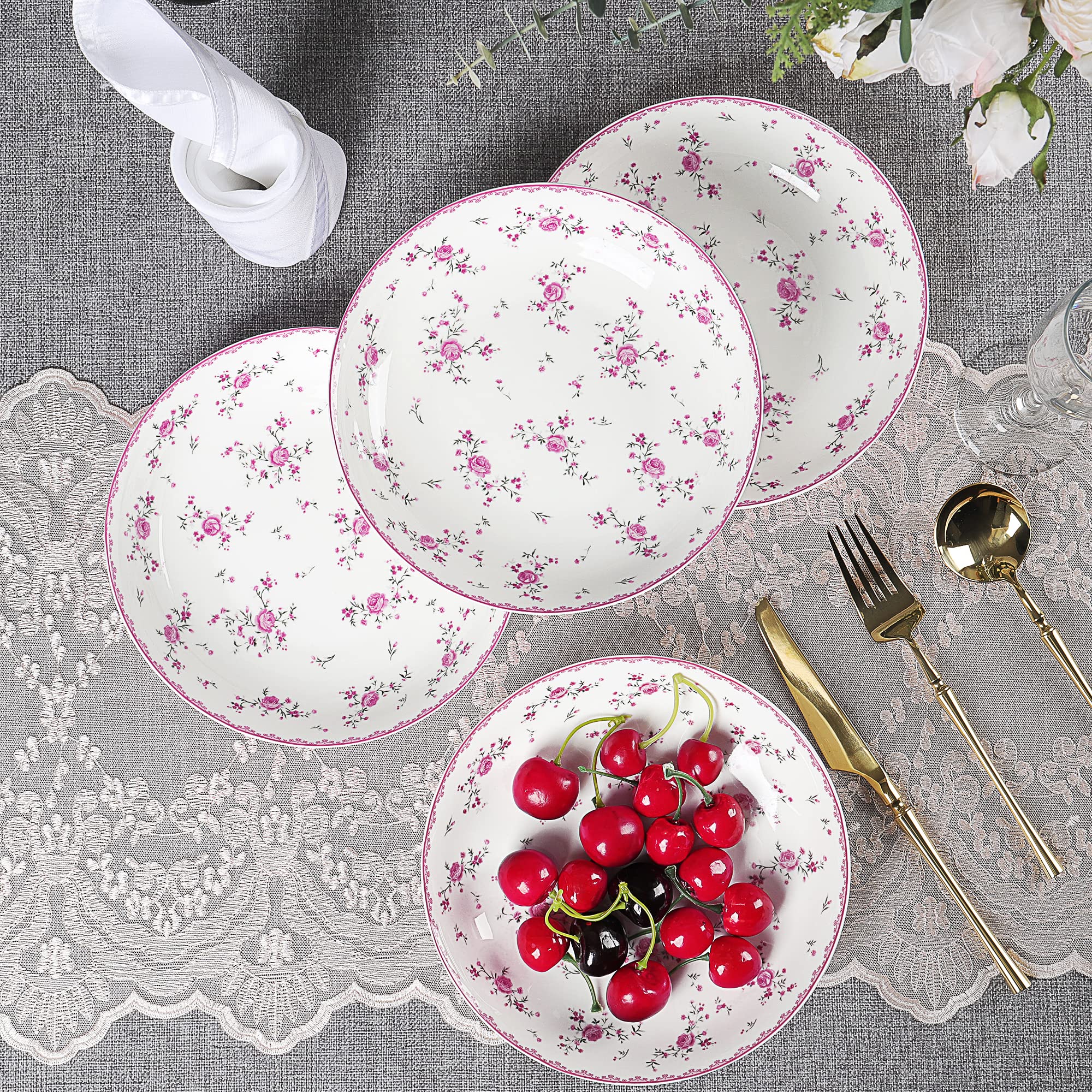 fanquare Set di 4 Piatti da Insalata Rosa in Porcellana, Insalatiere Vintage Stile Reale, Ciotole per Cereali in Ceramica