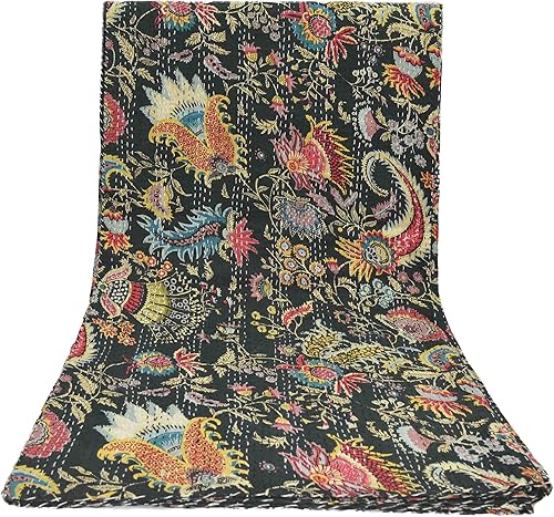 Sophia-Art Edredón Kantha con estampado de mukut multicolor negro, tamaño King, manta Kantha, funda de cama, colcha King Kantha, ropa de cama Sophia-Art Edredón Kantha con estampado de mukut multicolor negro, tamaño King, manta Kantha, funda de cama, colcha King Kantha, ropa de cama