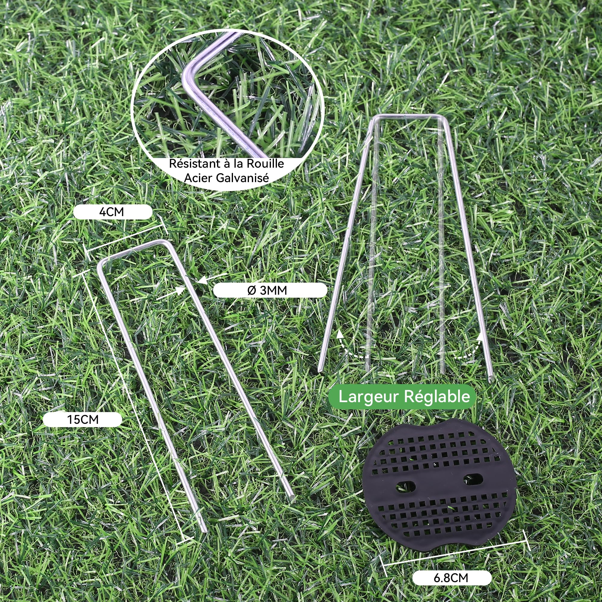 200Pcs 15cm Piquets de Jardin Robustes Ø 3mm avec 200Pcs de Joint - Agrafes en Acier Galvanisé pour Fixer Toiles Anti-Mauvaises Herbes, Filets et Les Tubes avec 1 Crochet de Ramassage