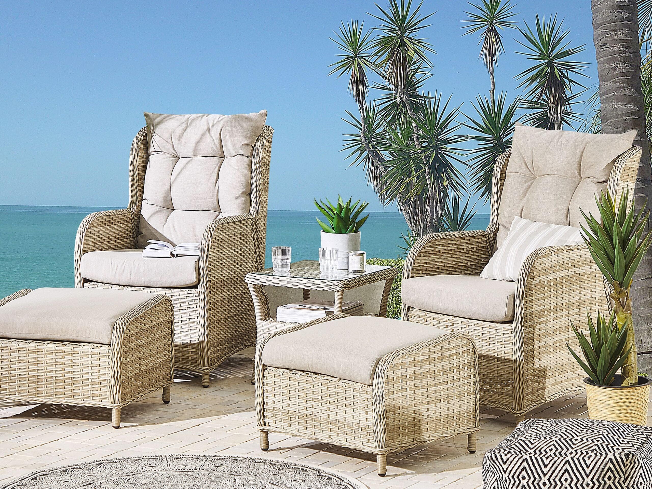 Beliani Lounge Set 5-teilig Rattan natürlich mit Auflagen beige Sessel versellbar Ponza