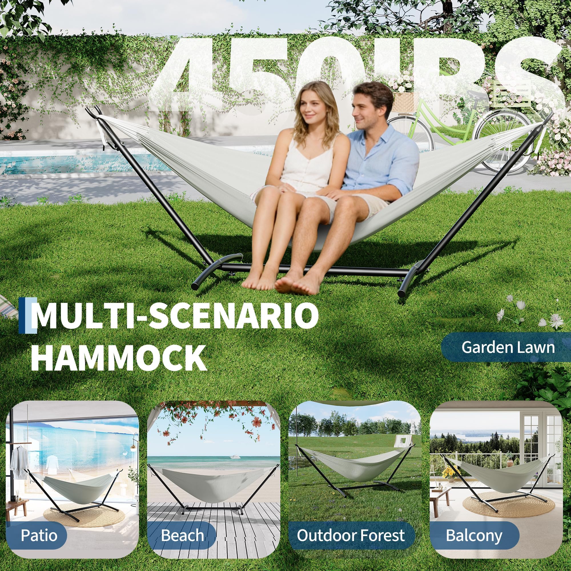 GarveeLife Hamaca con Soporte de Hierro para Exteriores, Hamaca Portátil para 2 Personas, Muy Resistente y Plegable, Capacidad Máxima 227 kg, Bolsa Impermeable Incluida, Gris Claro y Sofisticado