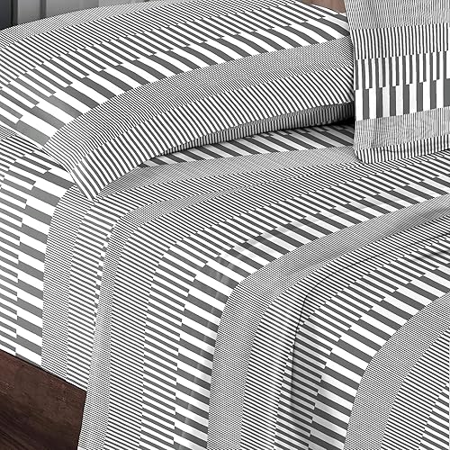 Pizuna Juego de sábanas de algodón gris con estampado de rayas en cascada California King, 400 hilos, 100% algodón de fibra larga, sábanas de satén