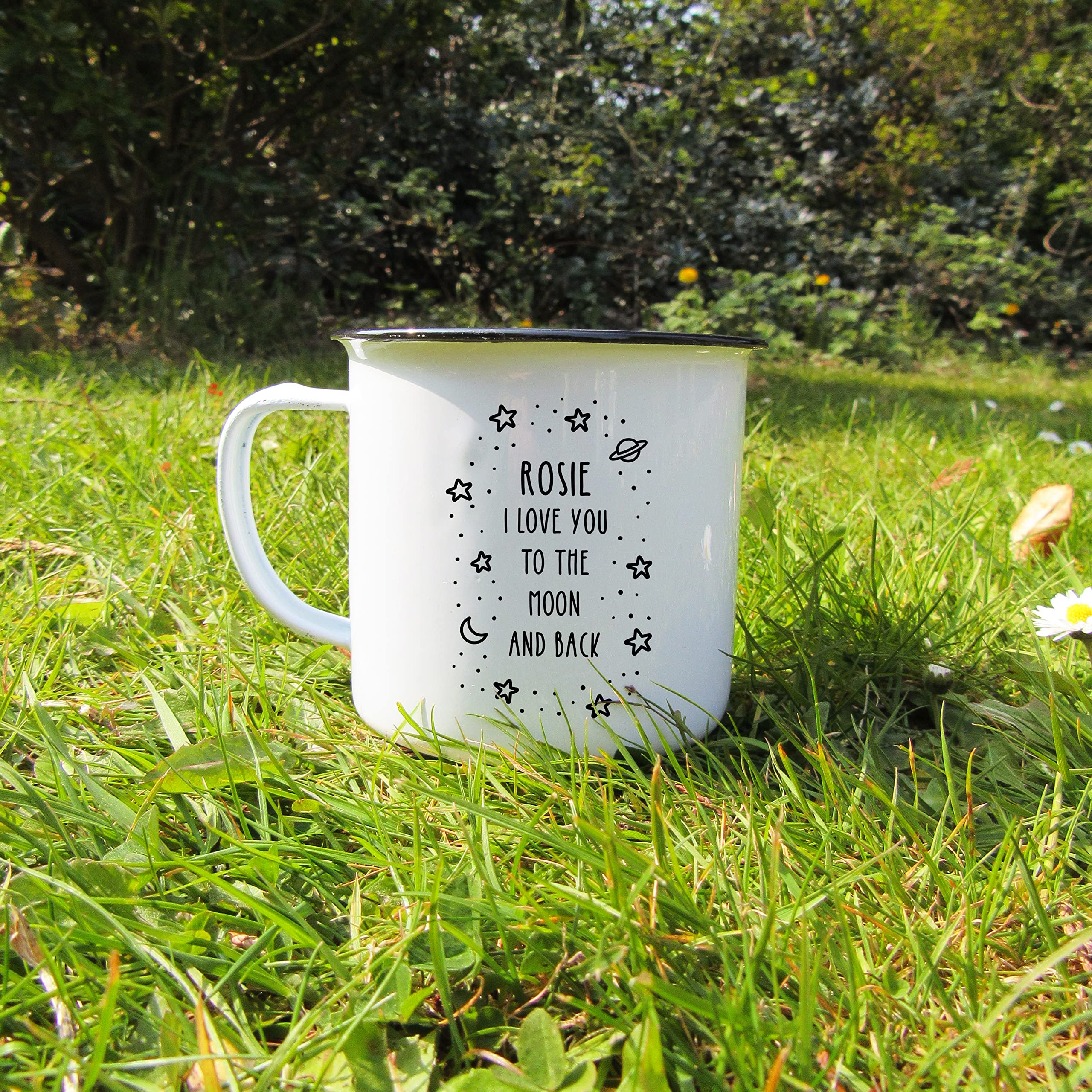eBuyGB Personalised Enamel Mug, I Love You to The Moon & Back Tin Coffee Mug, Valentine's Day, Mother's Day, Birthday Gift