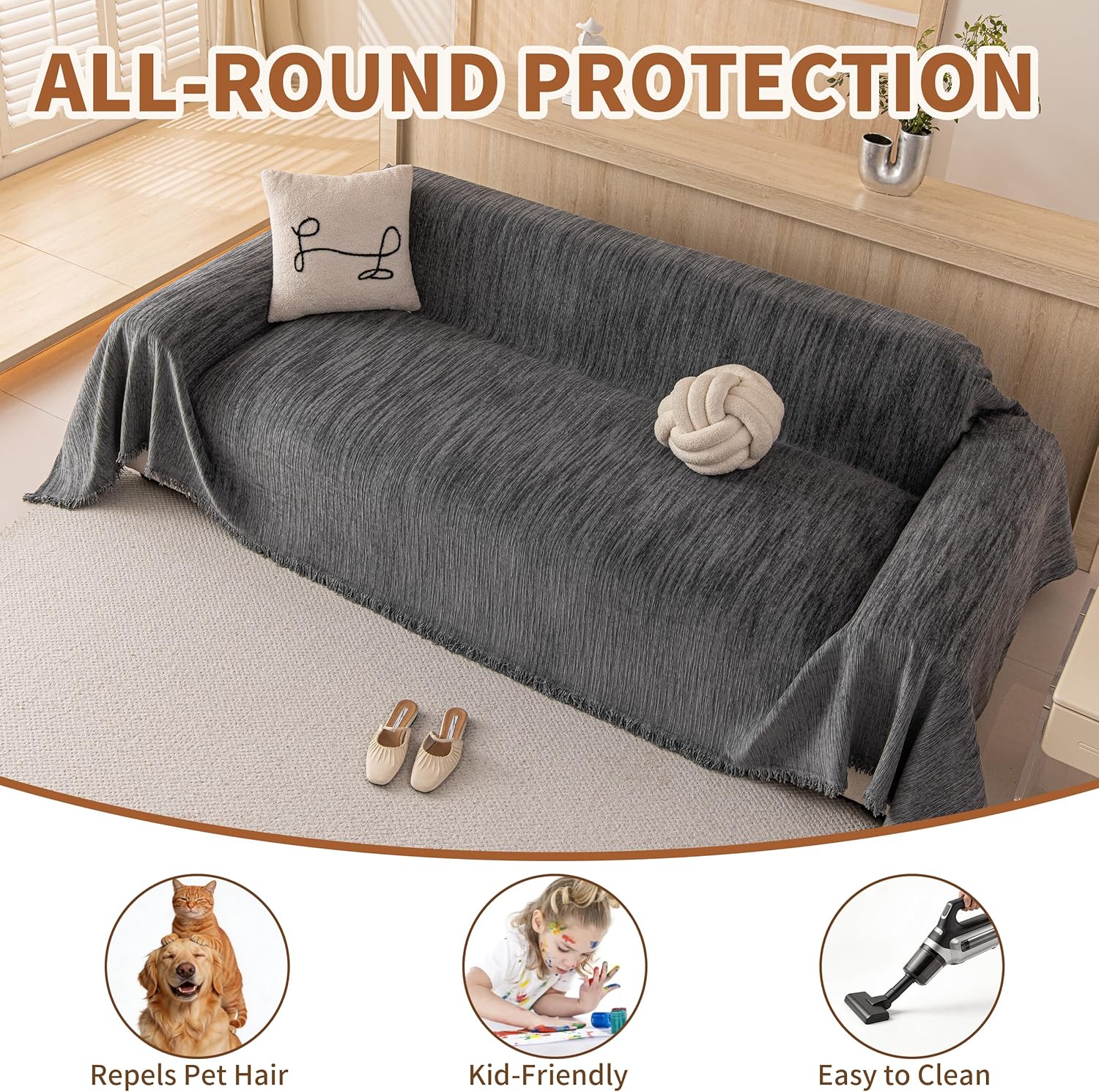 Couch Covers Sofa Cover for 3 Cushion Washable, Loveseat Slipcovers for Dogs, Pet L Shape Sectional Sofa Protector, Boho Couch Cover Blanket, Vertical Slub Chenille, Grey, 91"x134"