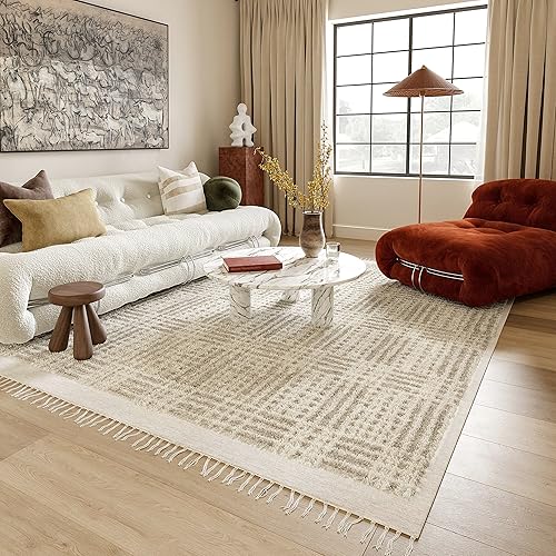 Miniatura 1 de Rugs USA x Arvin Olano Crissy Crosshatch Shag - Alfombra de lana de 5 x 8 pies, color beige
