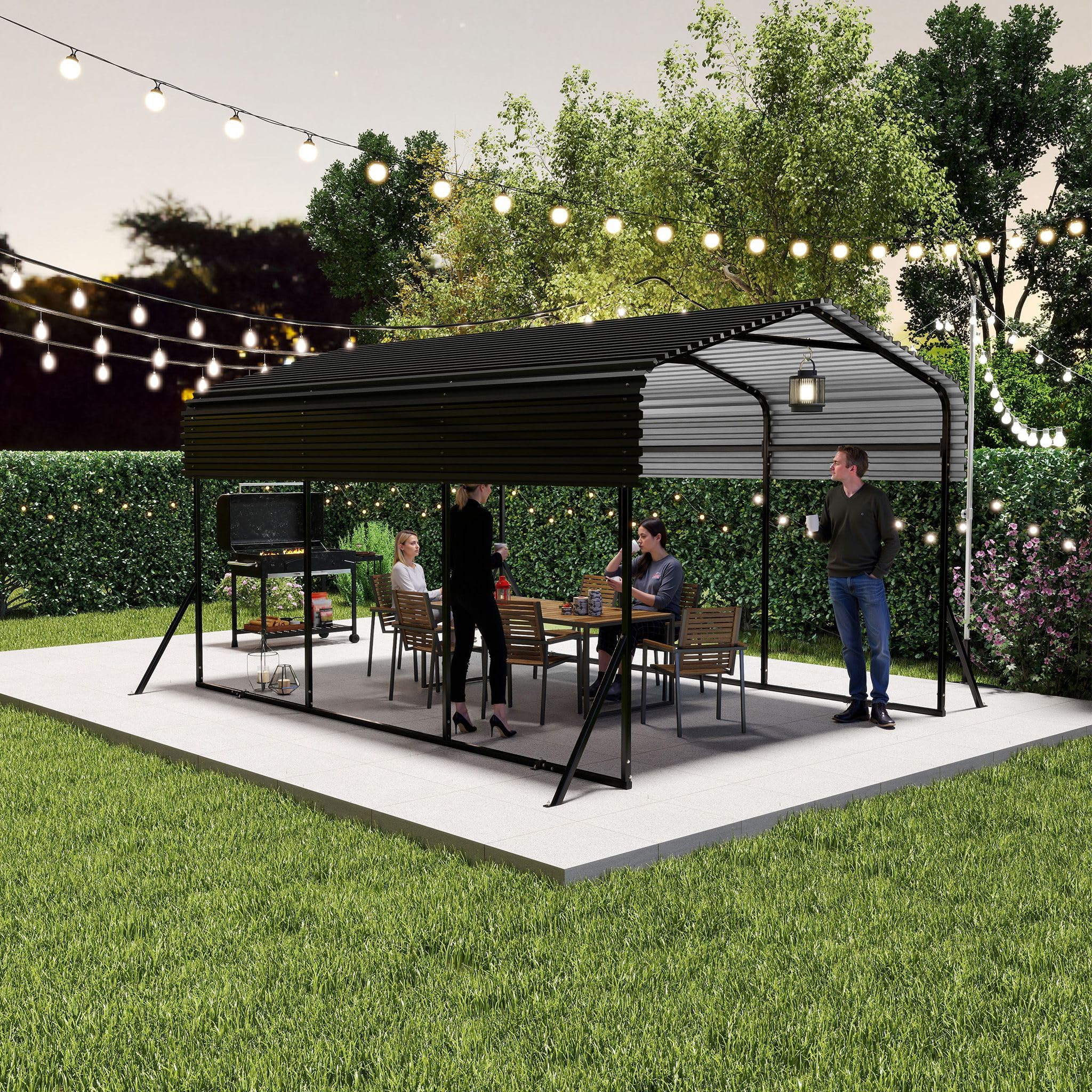 4,5x3x2,5m Carport für den Außenbereich, XL Zeltgarage aus Pulverbeschichte Stahlrohr & Dachblech, UV-Schutz & Wasserdicht Garagenzelt für Automobil, 13,5m² Freistehend Gartenlauben für Party