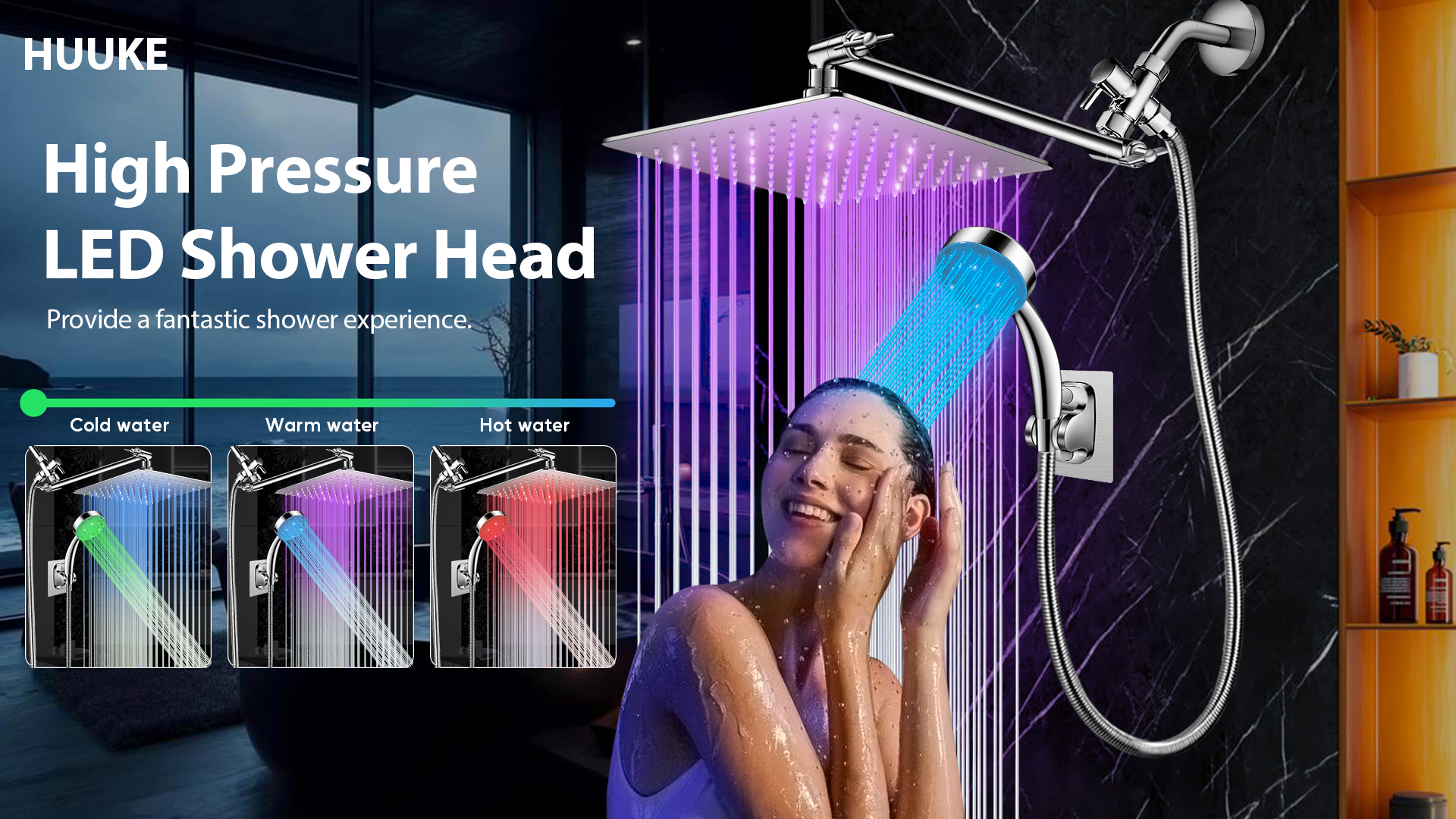 Regadera LED de lluvia 10'' con brazo extensible ajustable y manguera miniatura 7