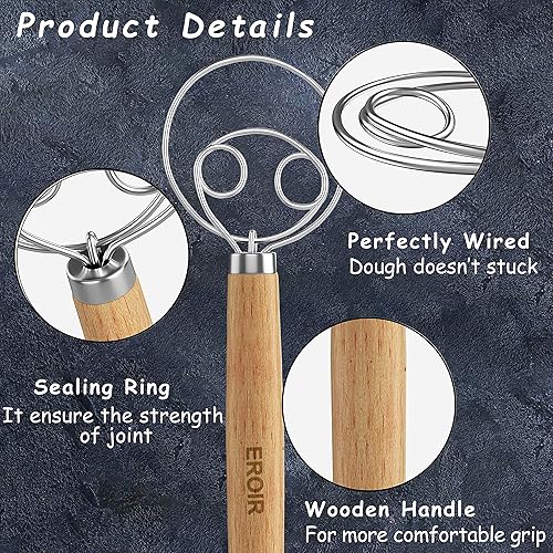 Miniatura 6 de EROIR Juego de batidor de masa danesa y cojo de pan, batidor de pan holandés de 13 pulgadas, herramienta de puntuación de masa coja de pan con 10