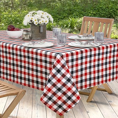 HOME BARGAINS PLUS Mantel de tela de algodón a cuadros patrióticos americanos, de fácil cuidado, 52 x 70 pulgadas, rectangular, color rojo, blanco y
