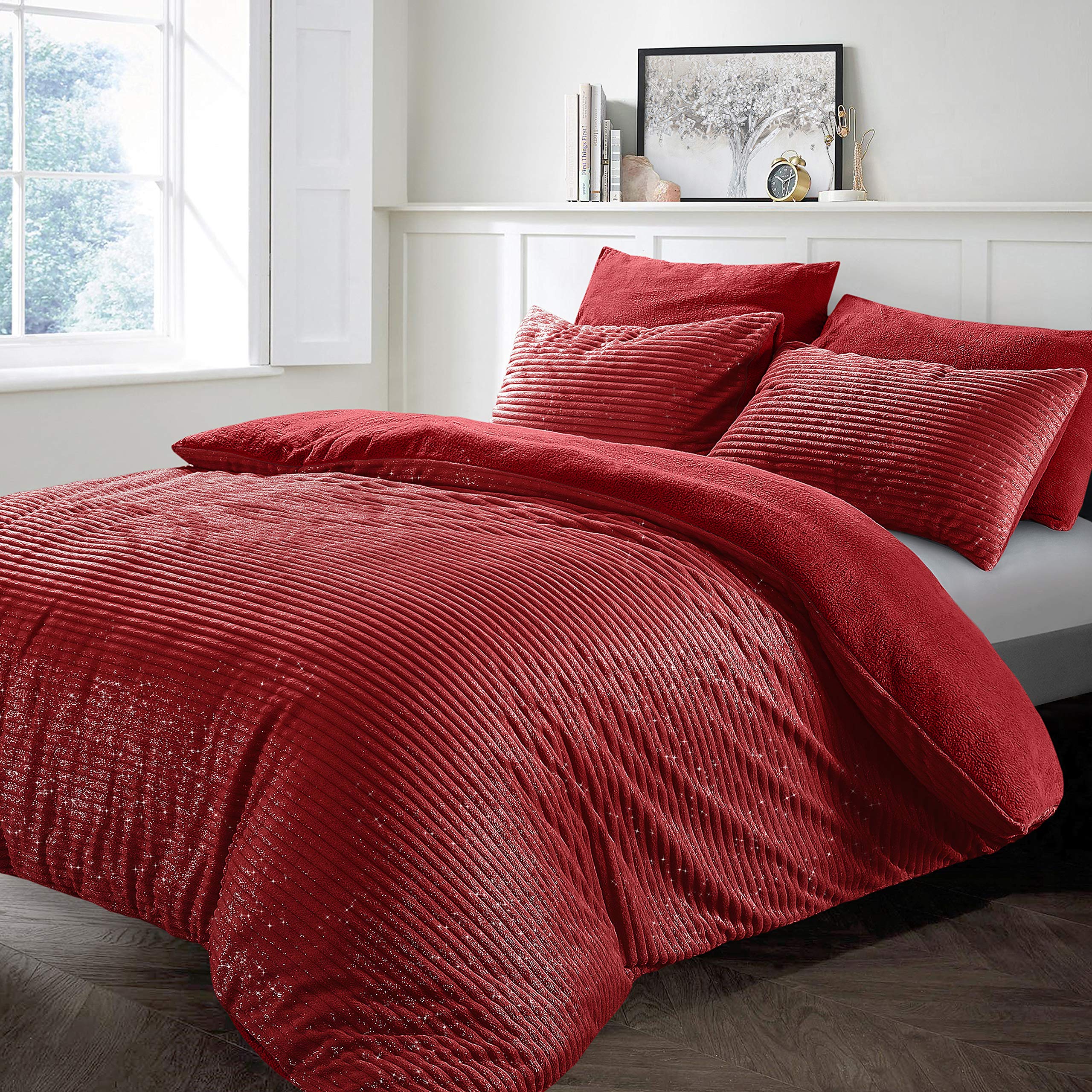 Velosso Teddy Cord Plush Cosy Reversible Corduroy Fleece Duvet Cover Quilt Bedding Set with Pillow Case Thermal Warm Fluffy Super Soft (Sparkle Glitter Red, King) โ image 1