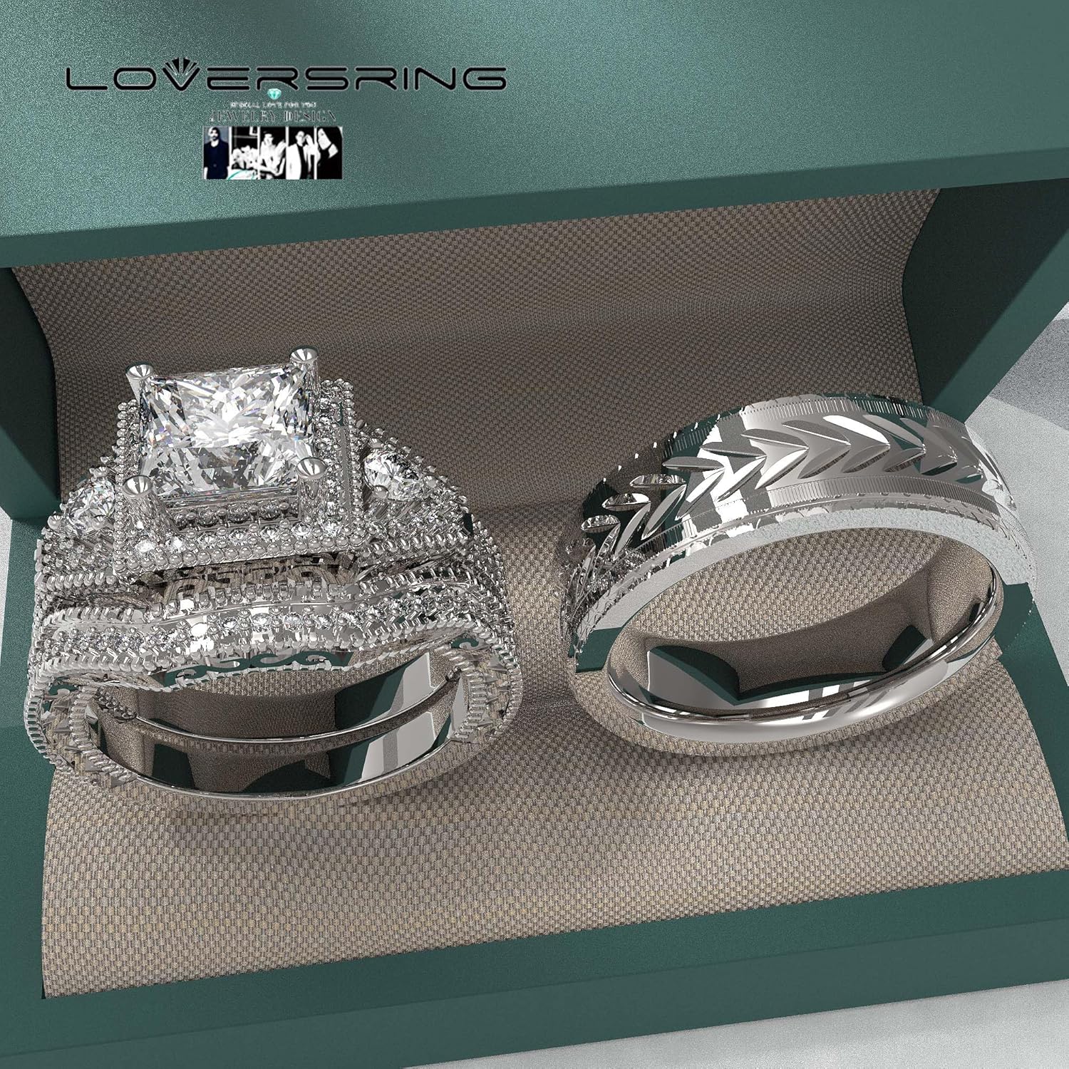LOVERSRING 2pc His and Hers Couple Ring Bridal Sets Women Man Titanium Band Wedding Ring for Him and Her