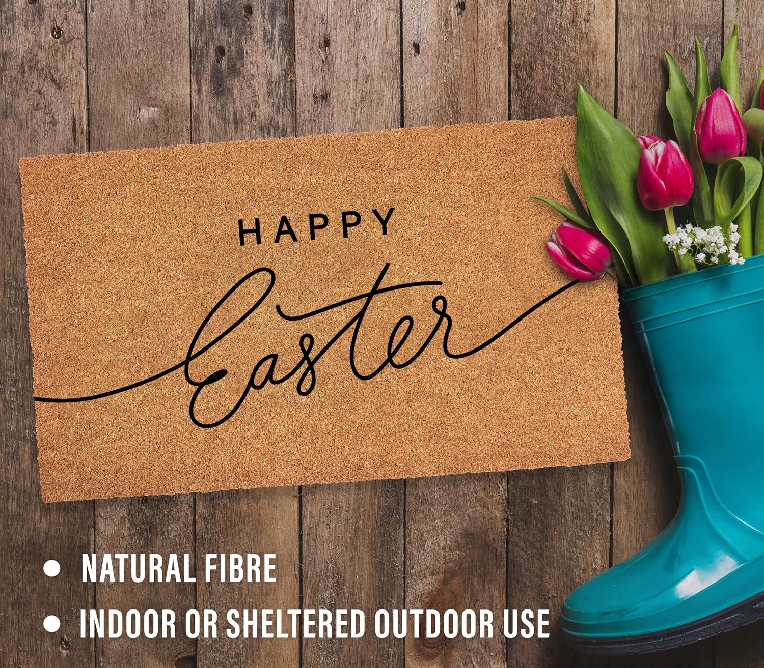 Happy Easter Doormat 18x30 Inch – Natural Coir Welcome Door Mat with Modern Script Design, Non-Slip Backing, Indoor Outdoor Front Porch Entryway Spring Easter Decor (Handwritten)