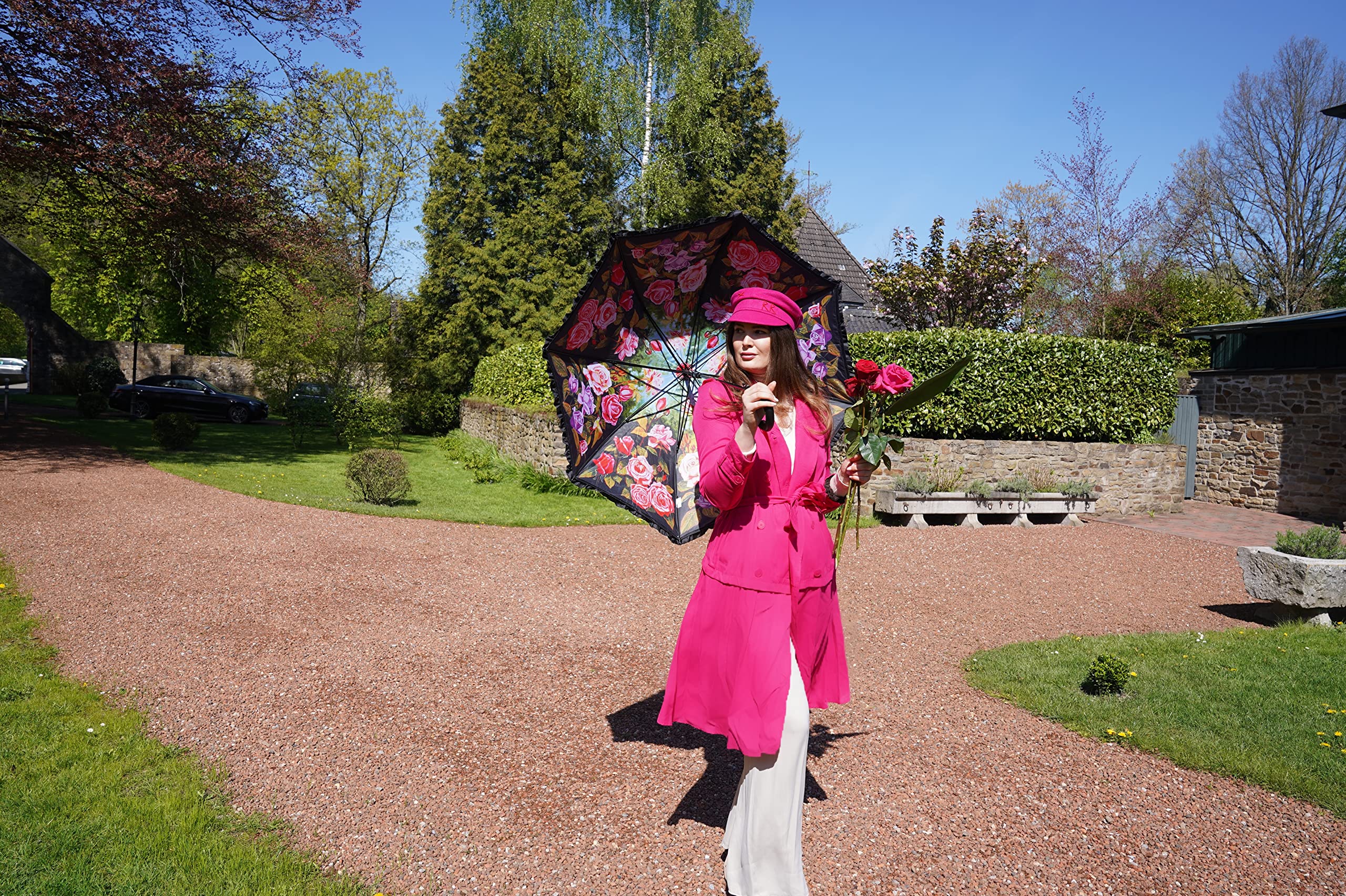VON LILIENFELD Paraguas de Iluvia Jardín de rosas Flor Largo Clásico Automático Grande Estable Doble Revestimiento