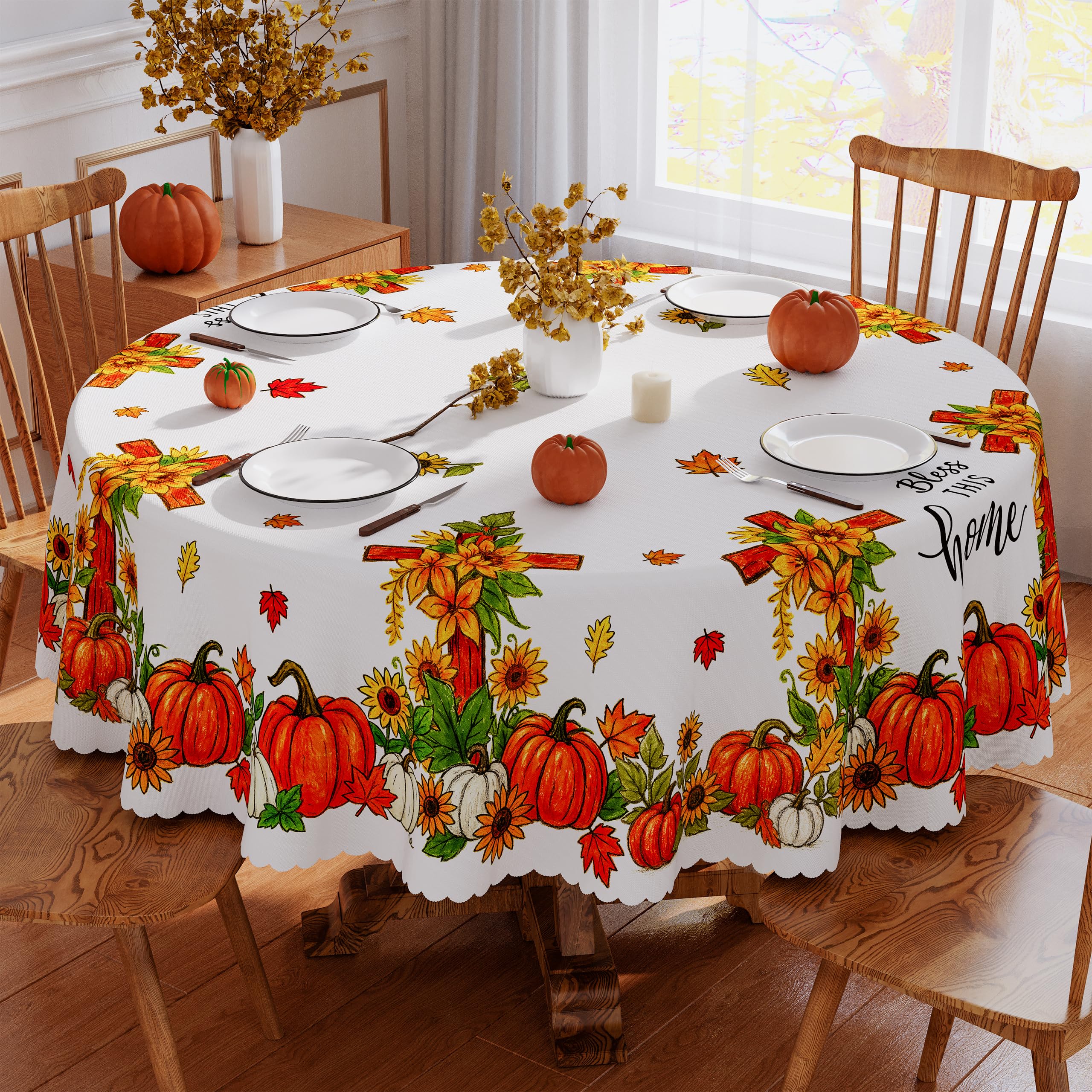 Fall Tablecloth 60x60 Inch Round, Cross Pumpkins Table Cloth Seasonal Autumn Bless This Home Home Decor Waterproof Scalloped Edge Picnic Dining Table