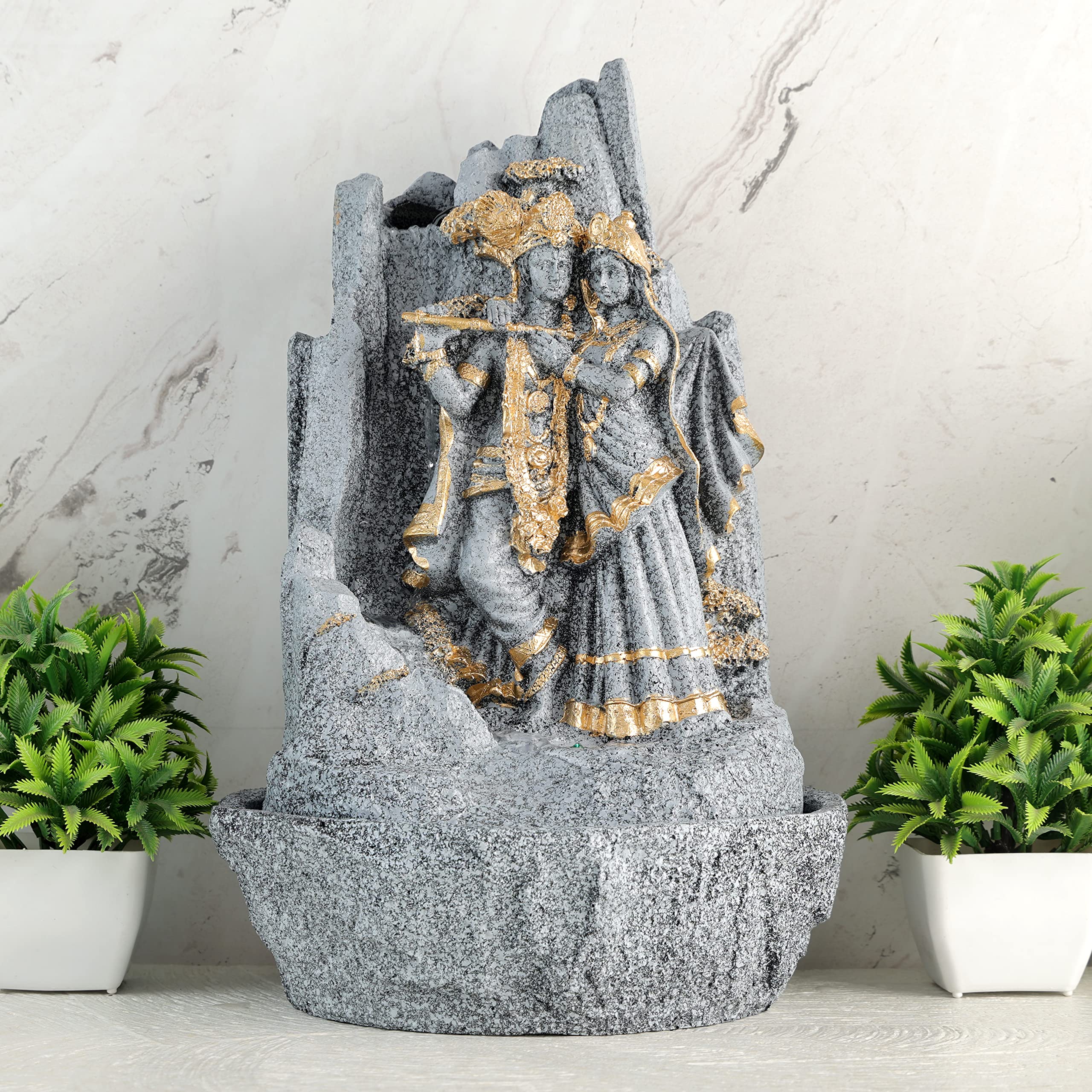 Global Grabbers Polyresin Table Top Indoor Outdoor Water Fall Fountain with LED Lights Home Decor Decoration Gift Gifting Items-STN_GRY-SF67