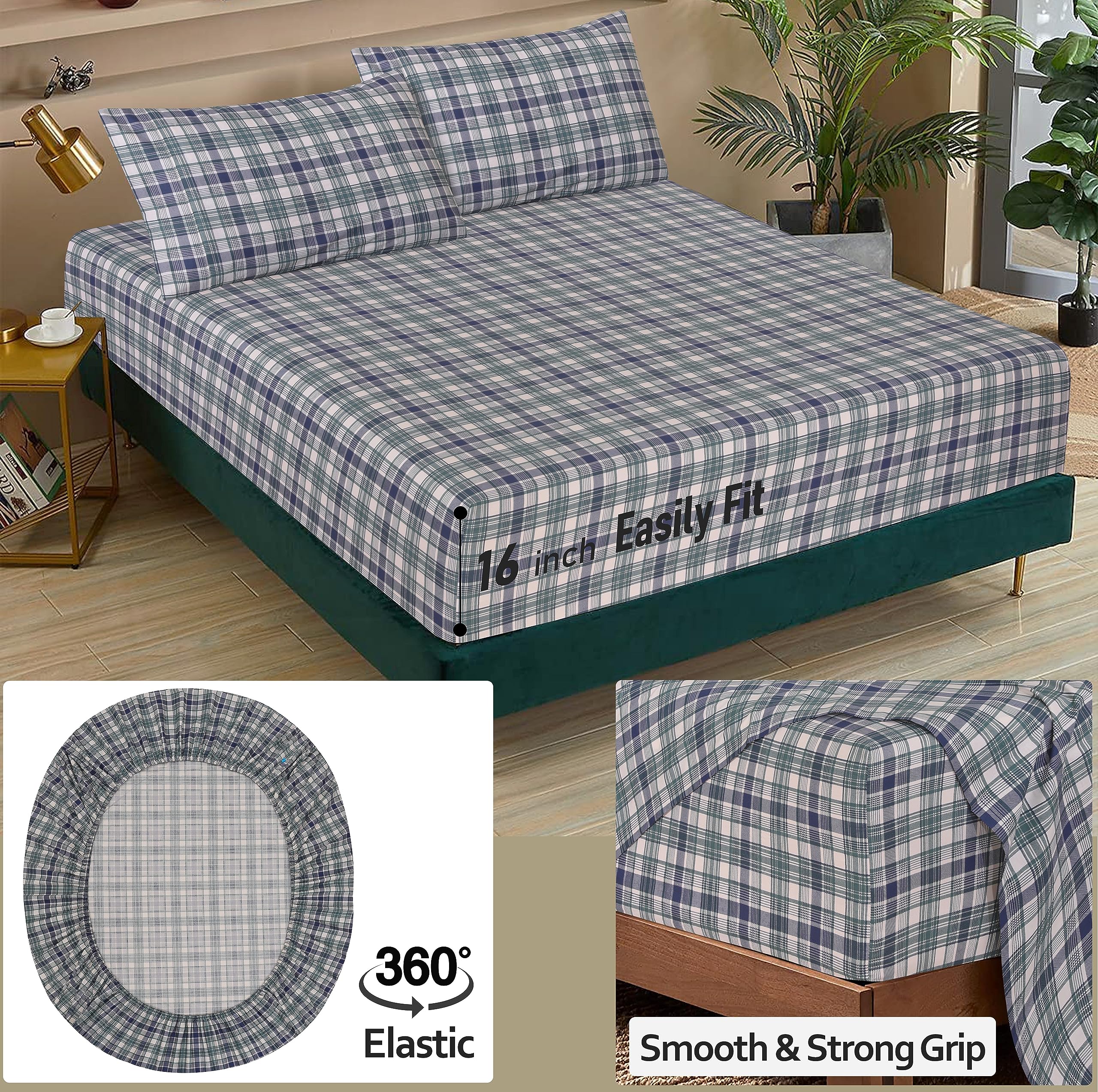 RUVANTI Bettlaken aus 100% Baumwolle, kühlendes Perkal-Bettlaken für King-Size-Bett, atmungsaktiv und langlebig, Kingsize-Bettlaken-Set, 40,6 cm Tiefe Taschen, grünlich-blaues Karo, 4-teilig | Knackig kühlend, tiefe Tasche, 40,6 cm, weich, atmungsaktiv un