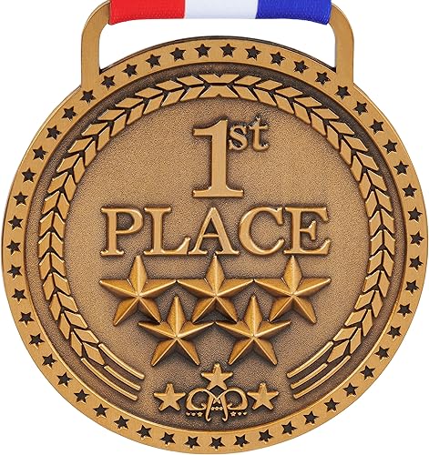 Miniatura 10 de Medallas de bronce dorado y plateado para premios de trofeo del 1er 2 y 3er lugar, acabado brillante o antiguo con cinta de satén roja, blanca y