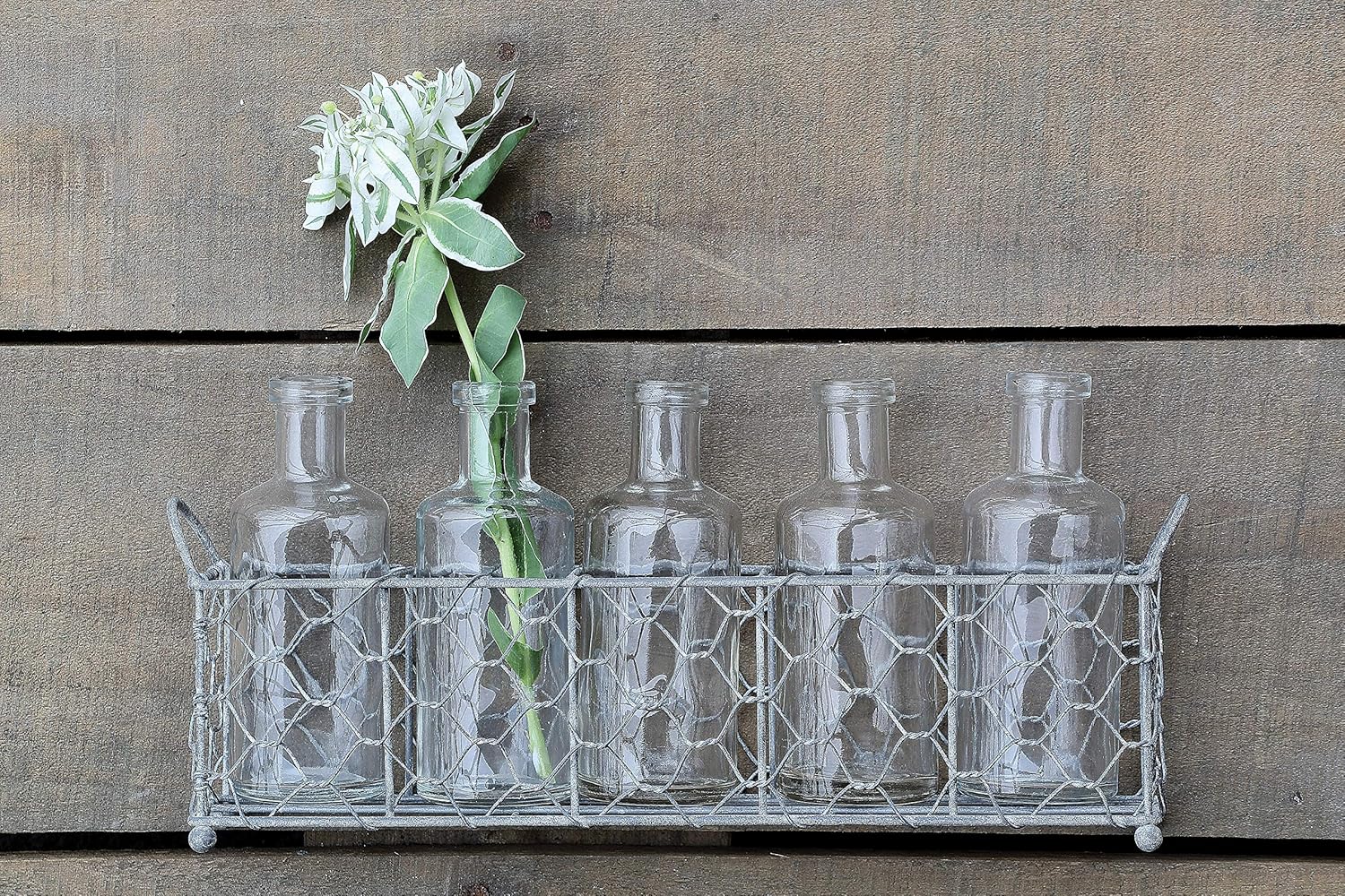 Creative Co-Op Wire Holder with 5 Glass Vase Bottles
