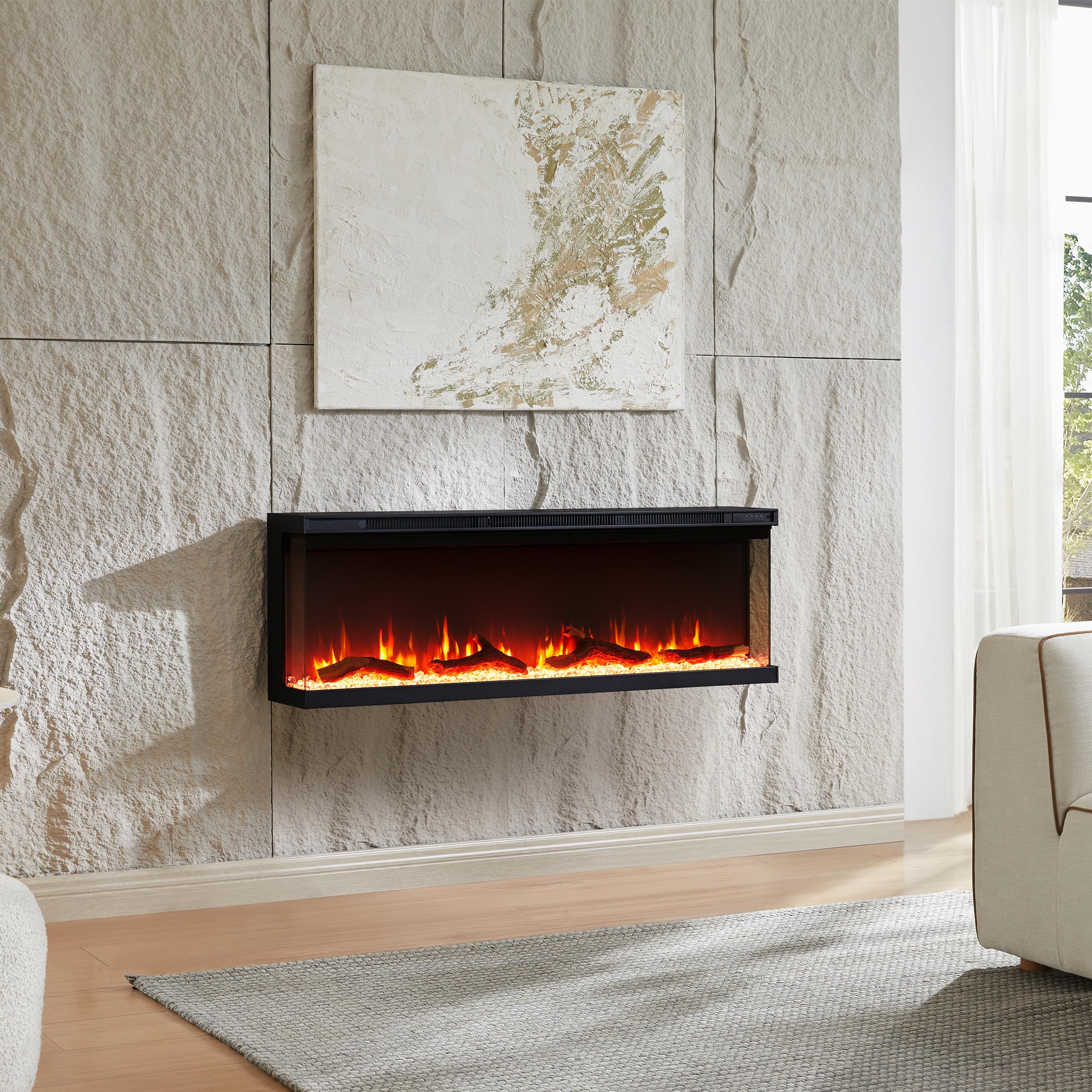 Camino elettrico BALDERIA Orson 50" | Camino elettrico da parete/incasso, effetto fiamma 3D LED, intensità variabile, riscaldamento 1800 W, timer, termostato, telecomando | nero