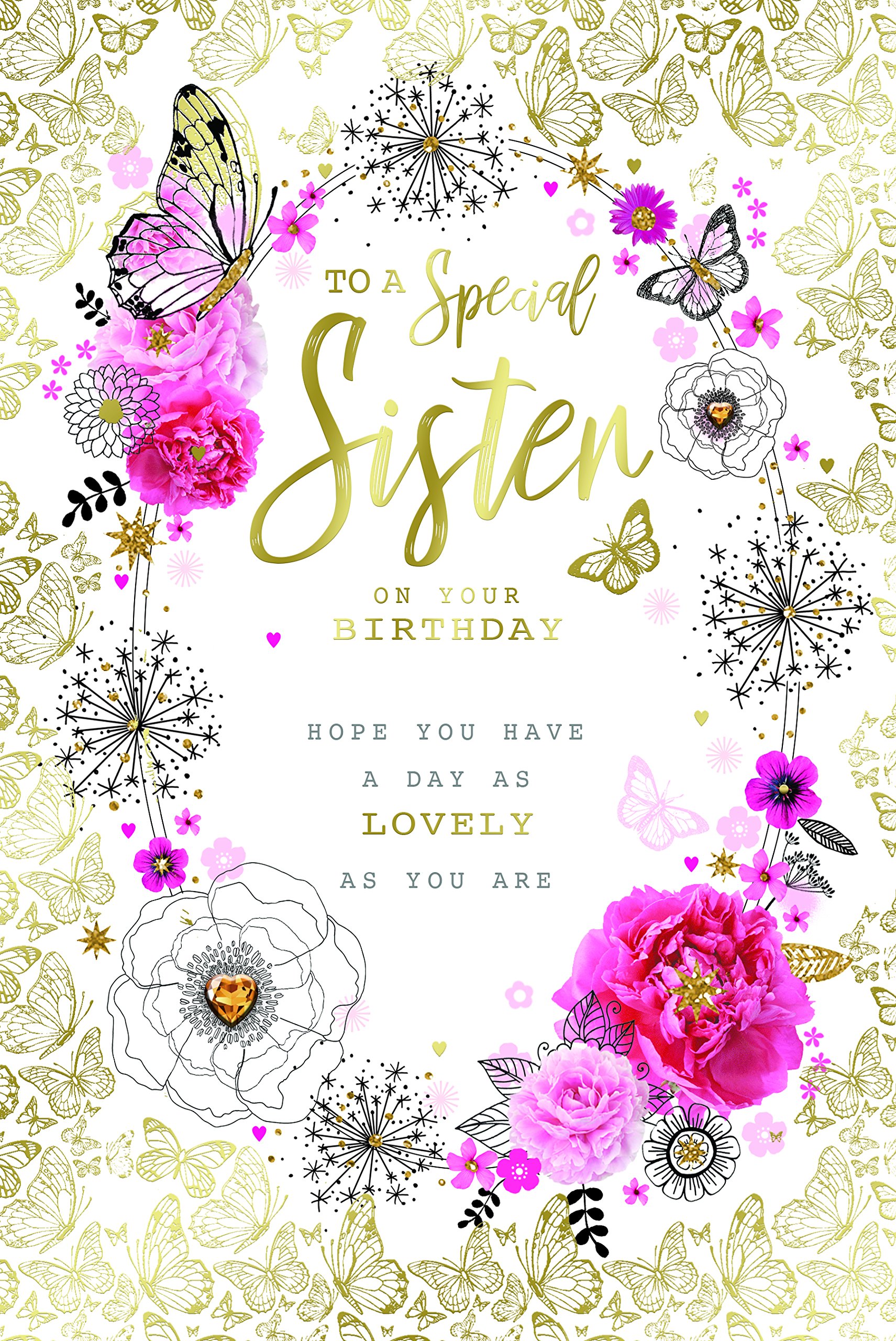 Special Days Multicolor Special Sister Flowers Word & Butterfly Design Happy Birthday Card Lovely Verse