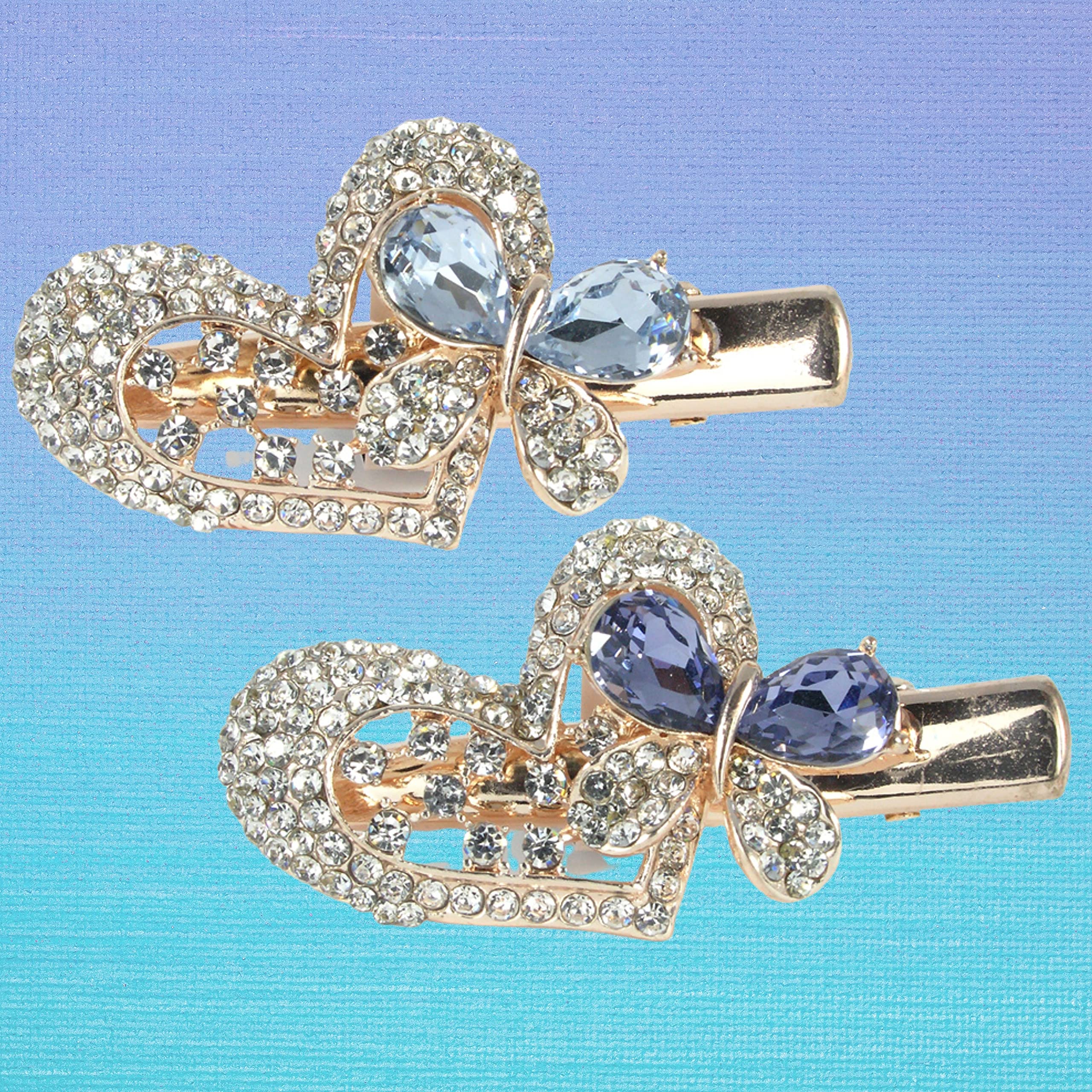 Blue Rhinestone Heart Hair Accessory Chiffon Bow Hair Clip with Rhinestone Heart Charm Stylish  main image 3