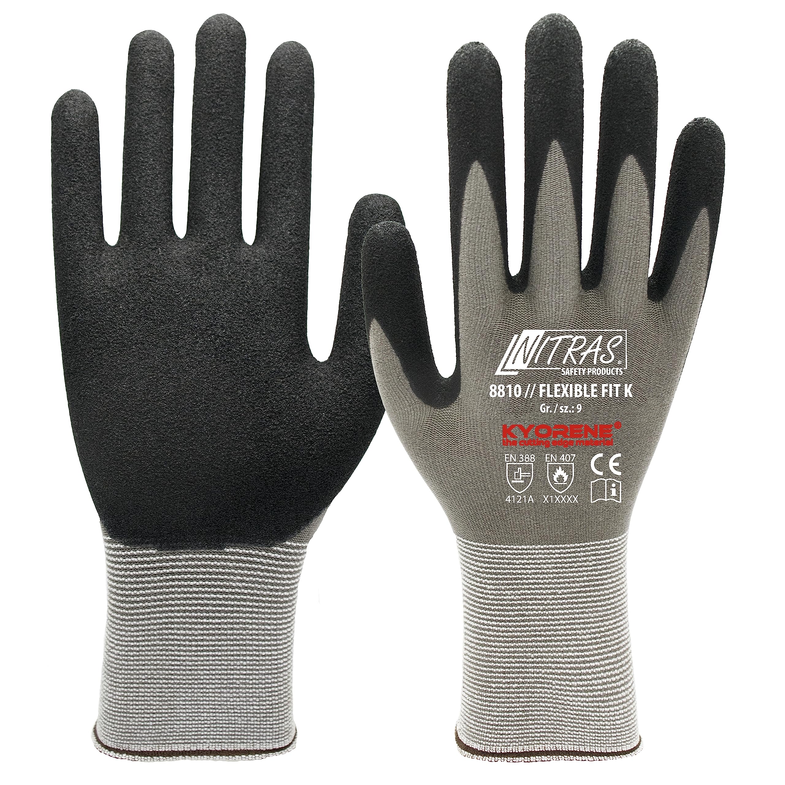 Nitras 8810 FLEXIBLE FIT K (12 paires) Gants de travail - Gants de protection pour le travail - EN 388 - Gris/noir (8)