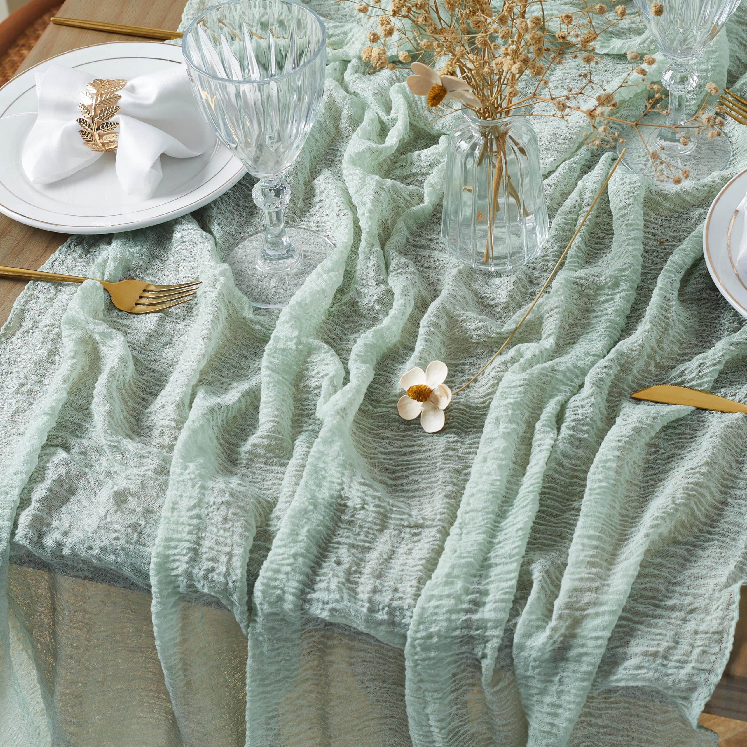 MAIBAOTA Sage Green Cheesecloth Table Runner 300 cm Boho Rustic Gauze Cheese Cloth Table Runners for Wedding Arch Decorations Seasonal Kitchen Dining Holiday Decor