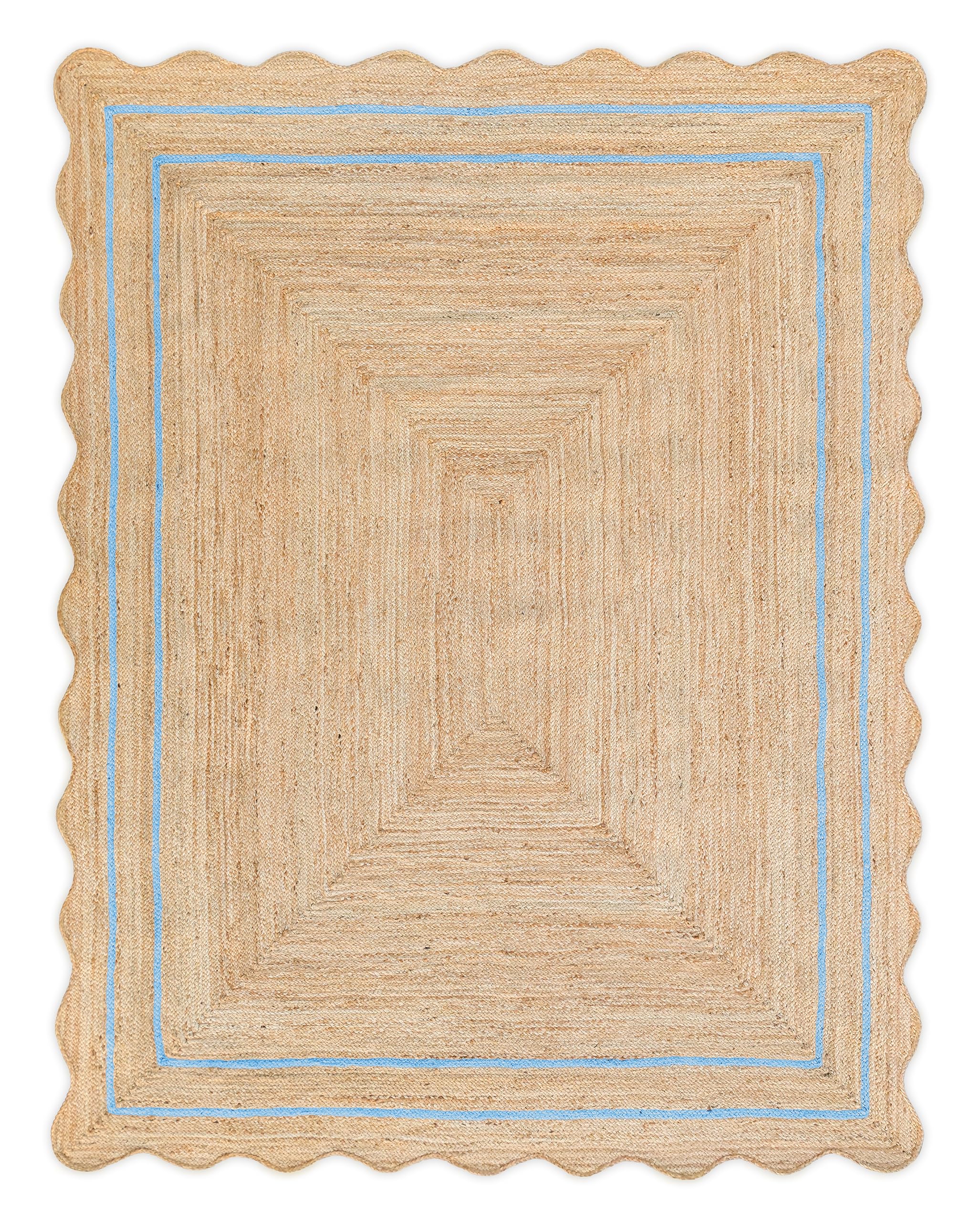 Weaving Village Scalloped Jute Runner, Sky Blue, 5'x8' - Boho, Farmhouse, Geometric, Handmade, Indoor, Rectangular, Rustic, Space, Unisex