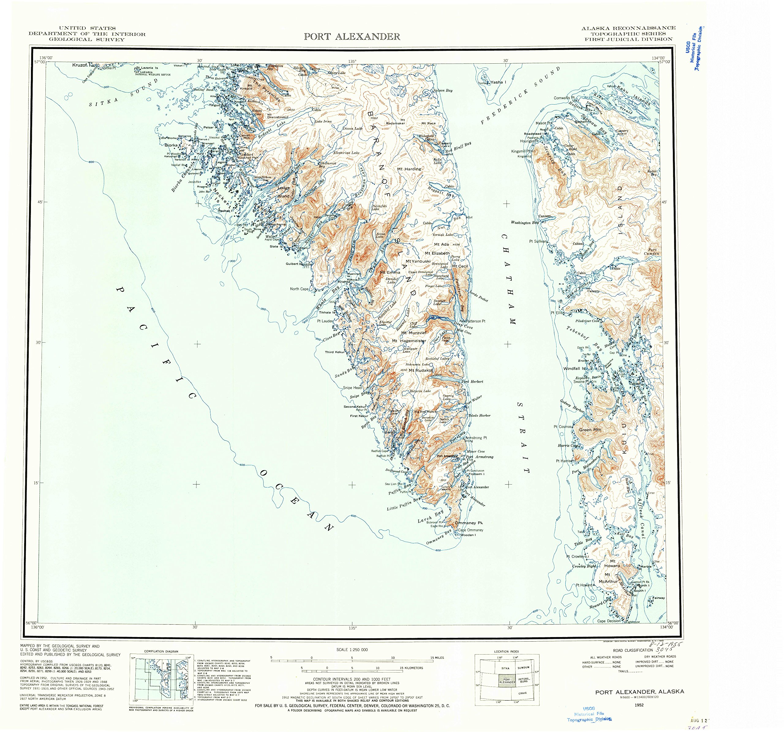 YellowMaps Port Alexander AK topo map, 1:250000 Scale, 1 X 2 Degree, Historical, 1952, Updated 1955, 22.9 x 24.5 in - Polypropylene