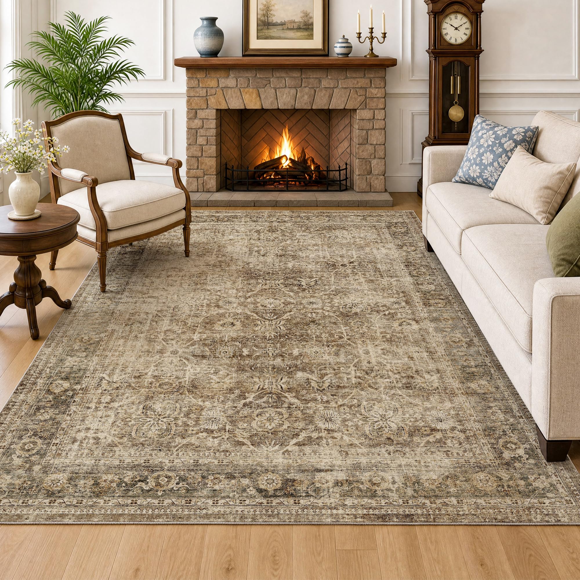 FMFUNCTEX 5x7 Washable Brown Neutral Vintage Retro Area Rug for Living Room