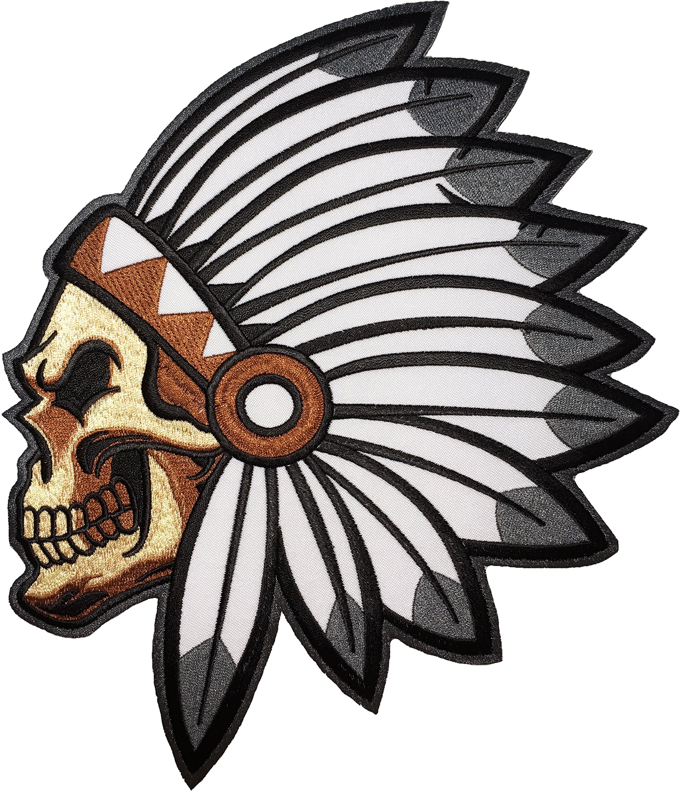 [Tamaño grande] Parche bordado para planchar con diseño de calavera de la muerte, cabeza de jefe indio con plumas de Papapatch