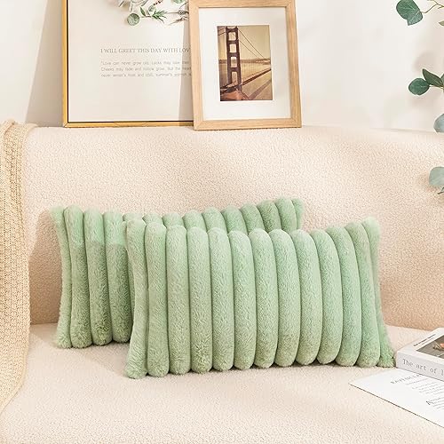 Uhomy Juego de 2 fundas de almohada decorativas de piel sintética para el hogar, de lujo, súper suaves y peludas, a rayas, para sofá, dormitorio, Uhomy Juego de 2 fundas de almohada decorativas de piel sintética para el hogar, de lujo, súper suaves y peludas, a rayas, para sofá, dormitorio,