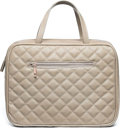 Neceser de viaje de cuero para mujer, tamaño cosmético grande con 4 bolsillos, herrajes de oro rosa e interior satinado, Acolchado de color café.